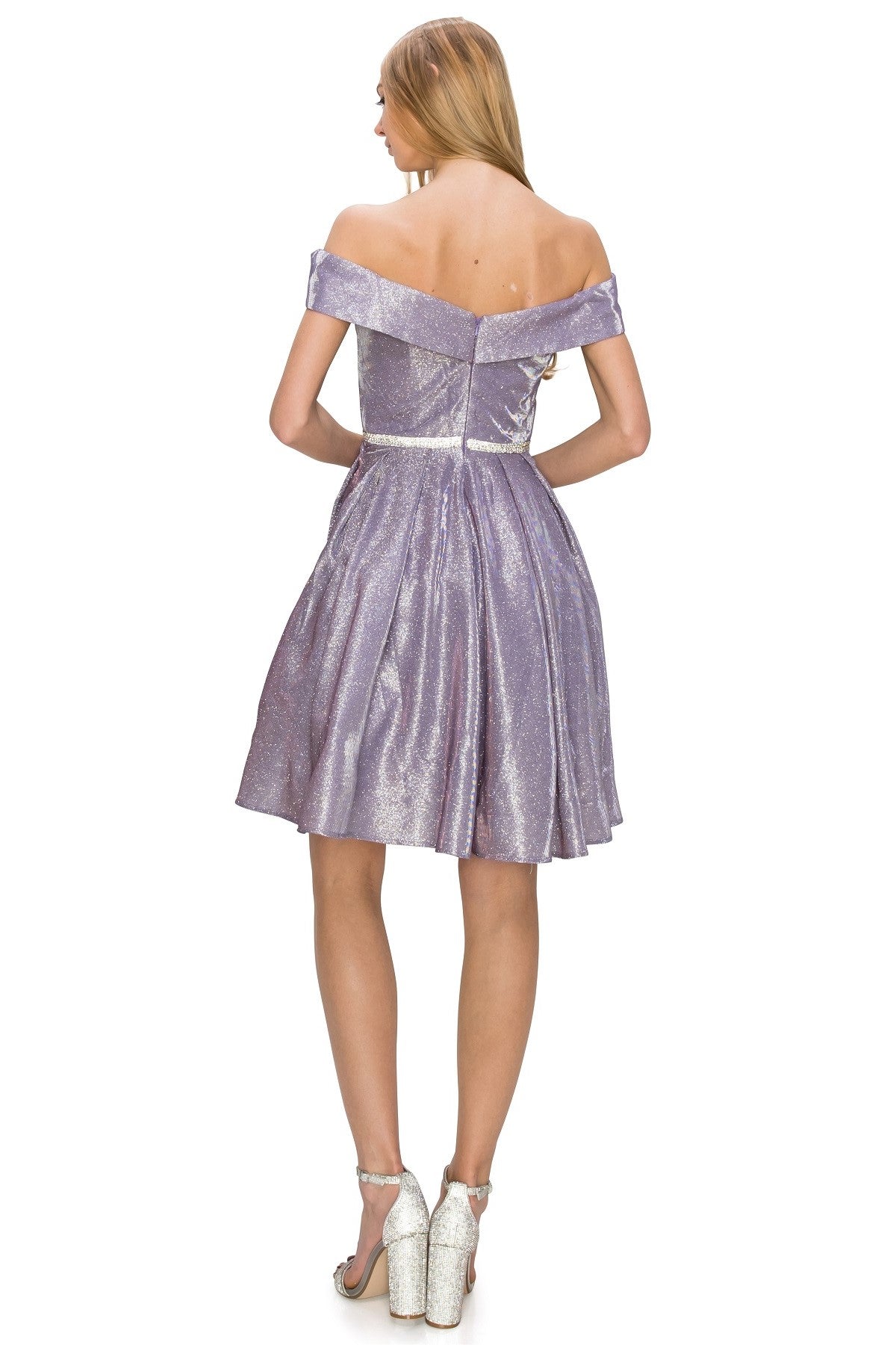 Off-Shoulder Glitter A-Line Cocktail Dress with Pockets - 8012J
