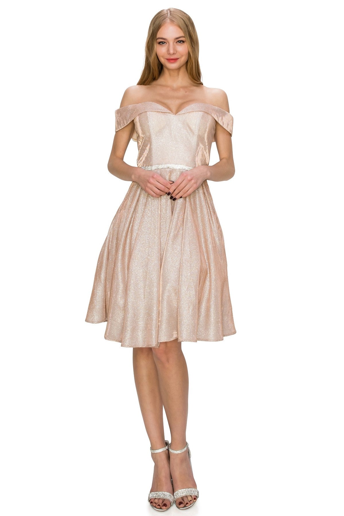 Off-Shoulder Glitter A-Line Cocktail Dress with Pockets - 8012J