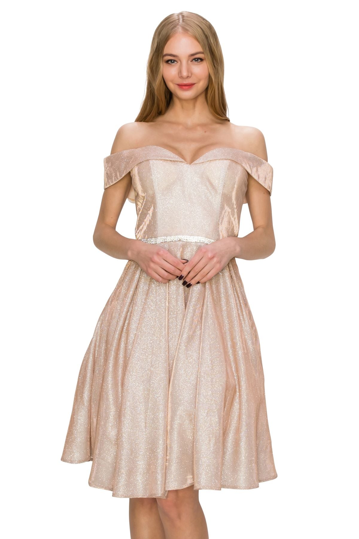 Off-Shoulder Glitter A-Line Cocktail Dress with Pockets - 8012J
