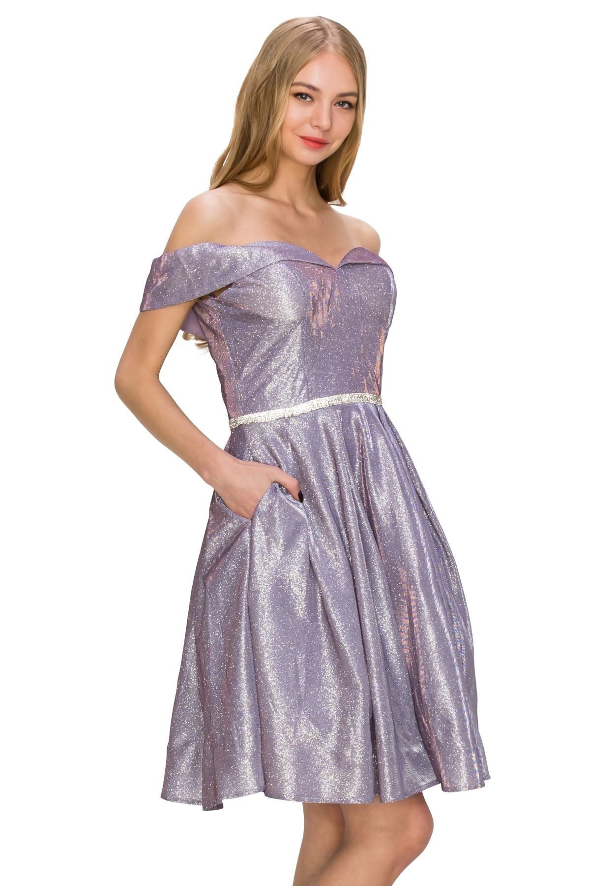Off-Shoulder Glitter A-Line Cocktail Dress with Pockets - 8012J