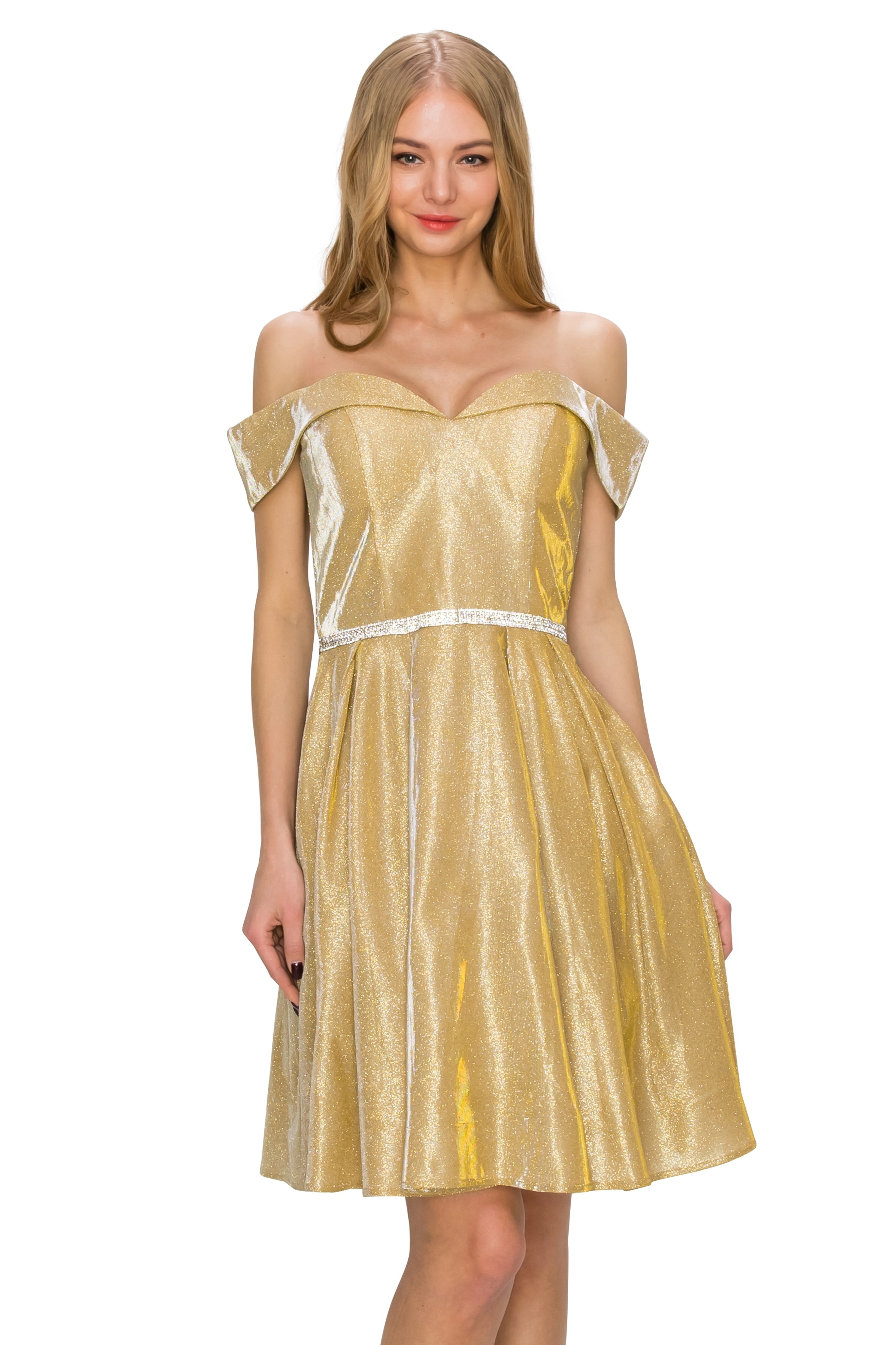Off-Shoulder Glitter A-Line Cocktail Dress with Pockets - 8012J