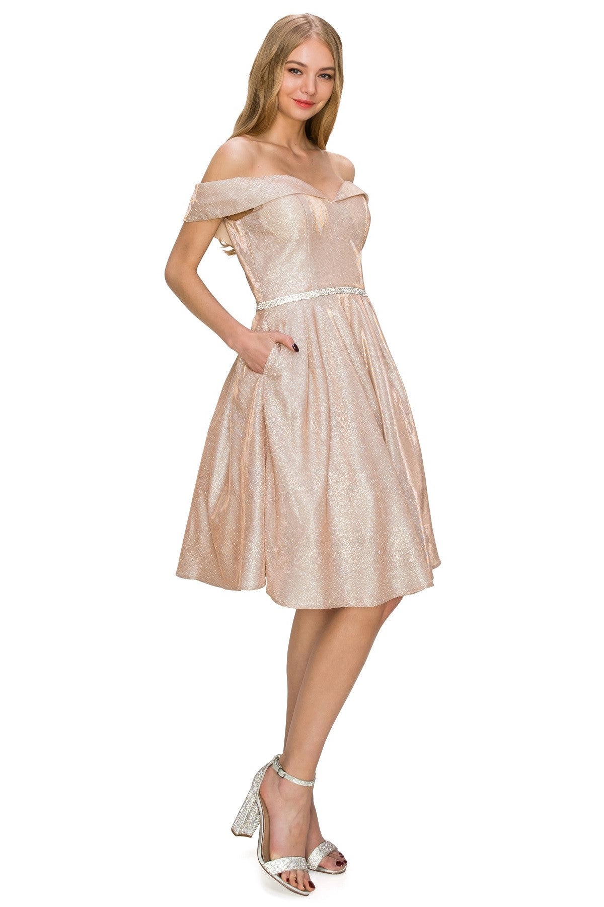 Off-Shoulder Glitter A-Line Cocktail Dress with Pockets - 8012J