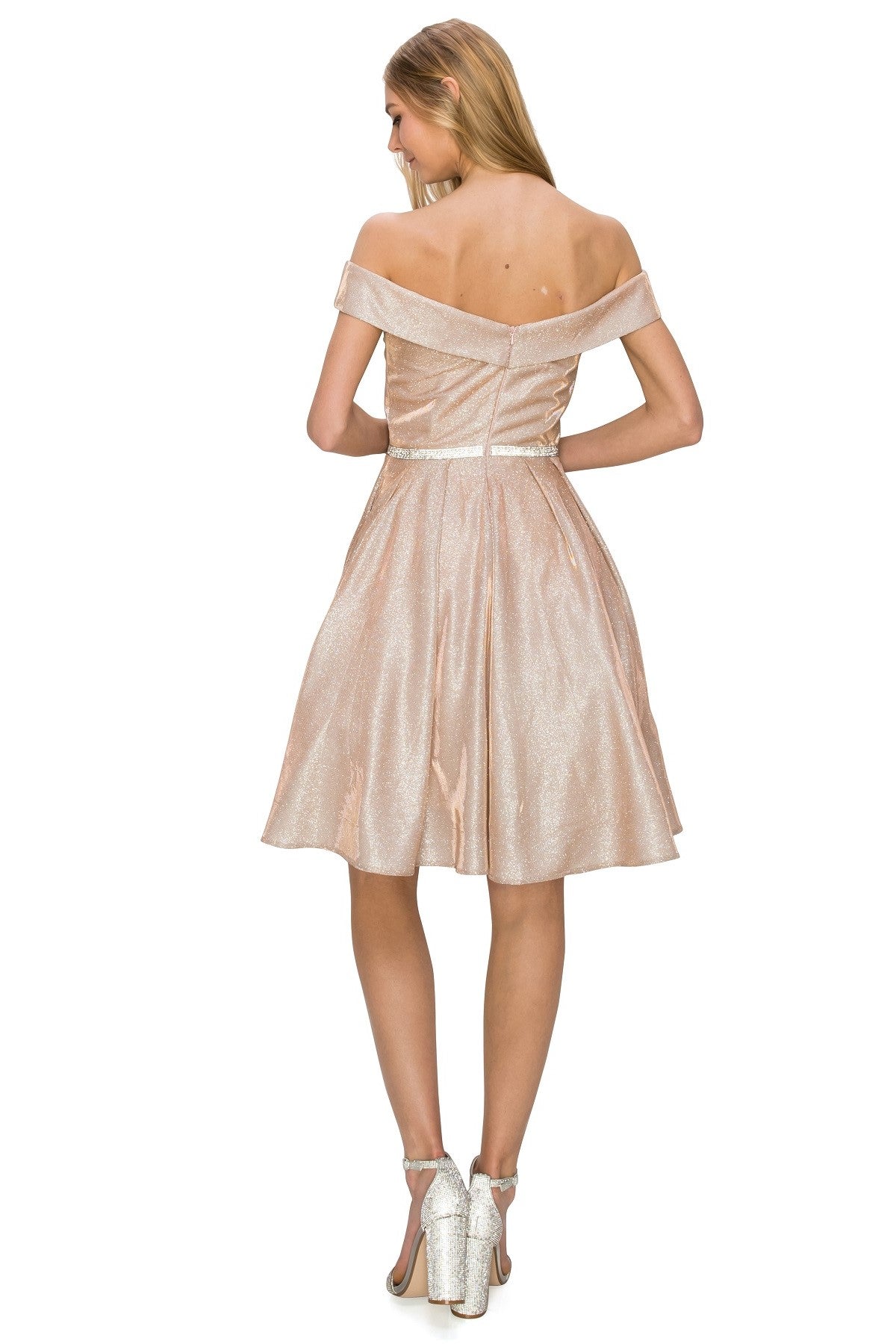 Off-Shoulder Glitter A-Line Cocktail Dress with Pockets - 8012J