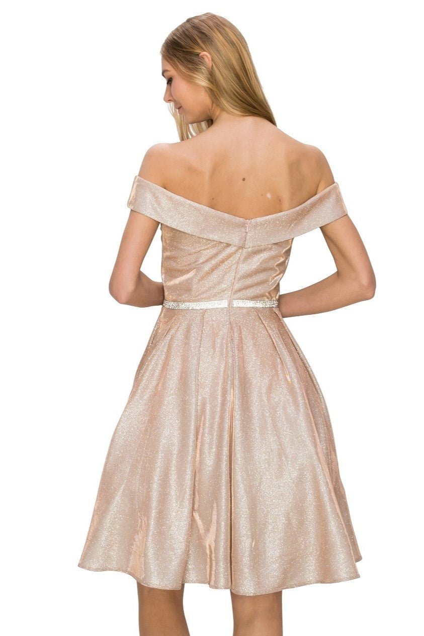 Off-Shoulder Glitter A-Line Cocktail Dress with Pockets - 8012J