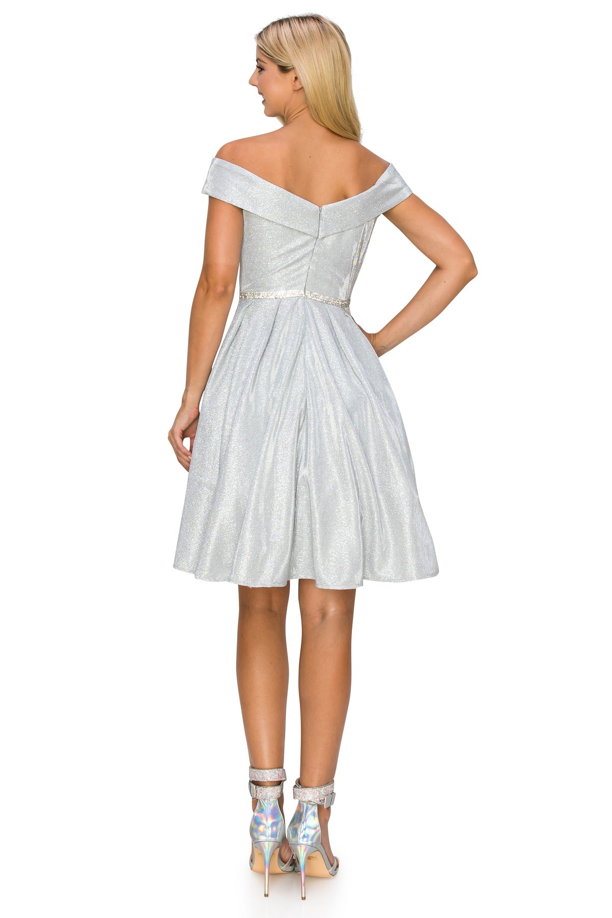 Off-Shoulder Glitter A-Line Cocktail Dress with Pockets - 8012J
