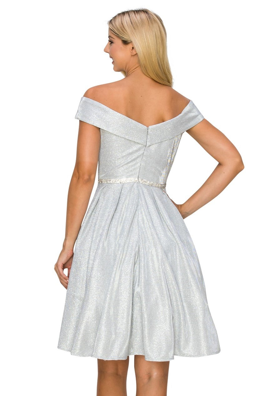 Off-Shoulder Glitter A-Line Cocktail Dress with Pockets - 8012J