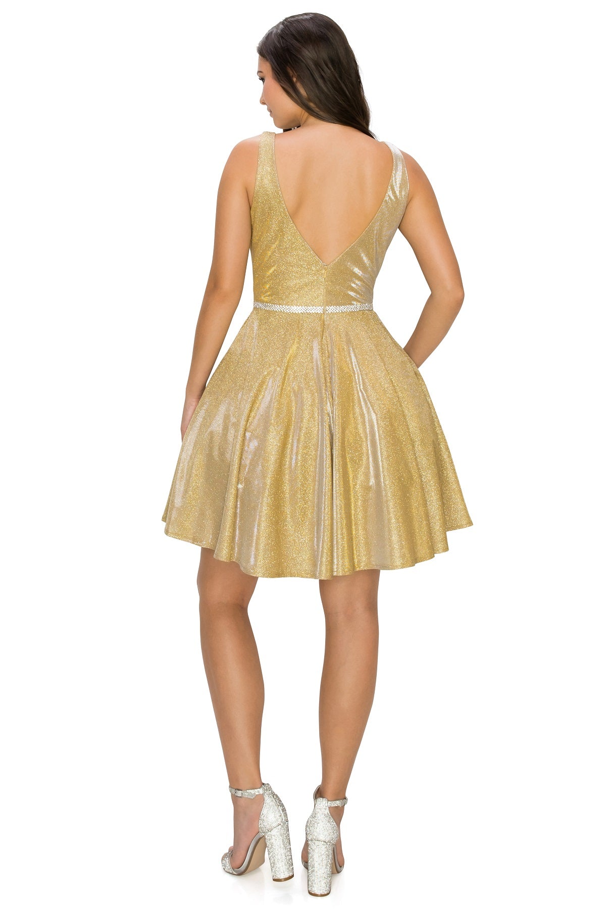Glitter A-Line Cocktail Dress with V-Neck and Belt - 8013J