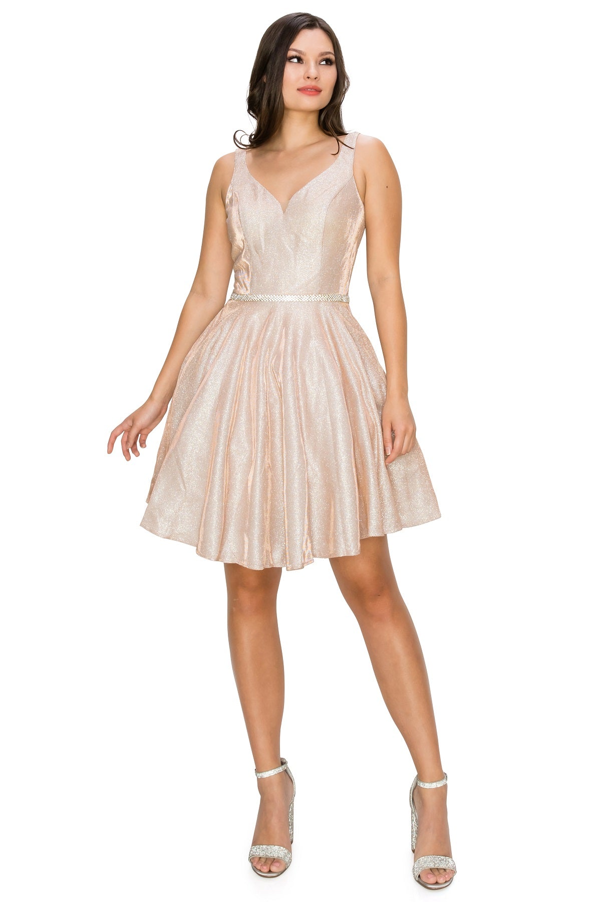 Glitter A-Line Cocktail Dress with V-Neck and Belt - 8013J