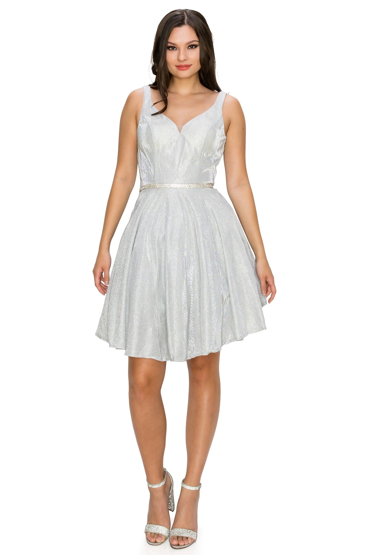 Glitter A-Line Cocktail Dress with V-Neck and Belt - 8013J