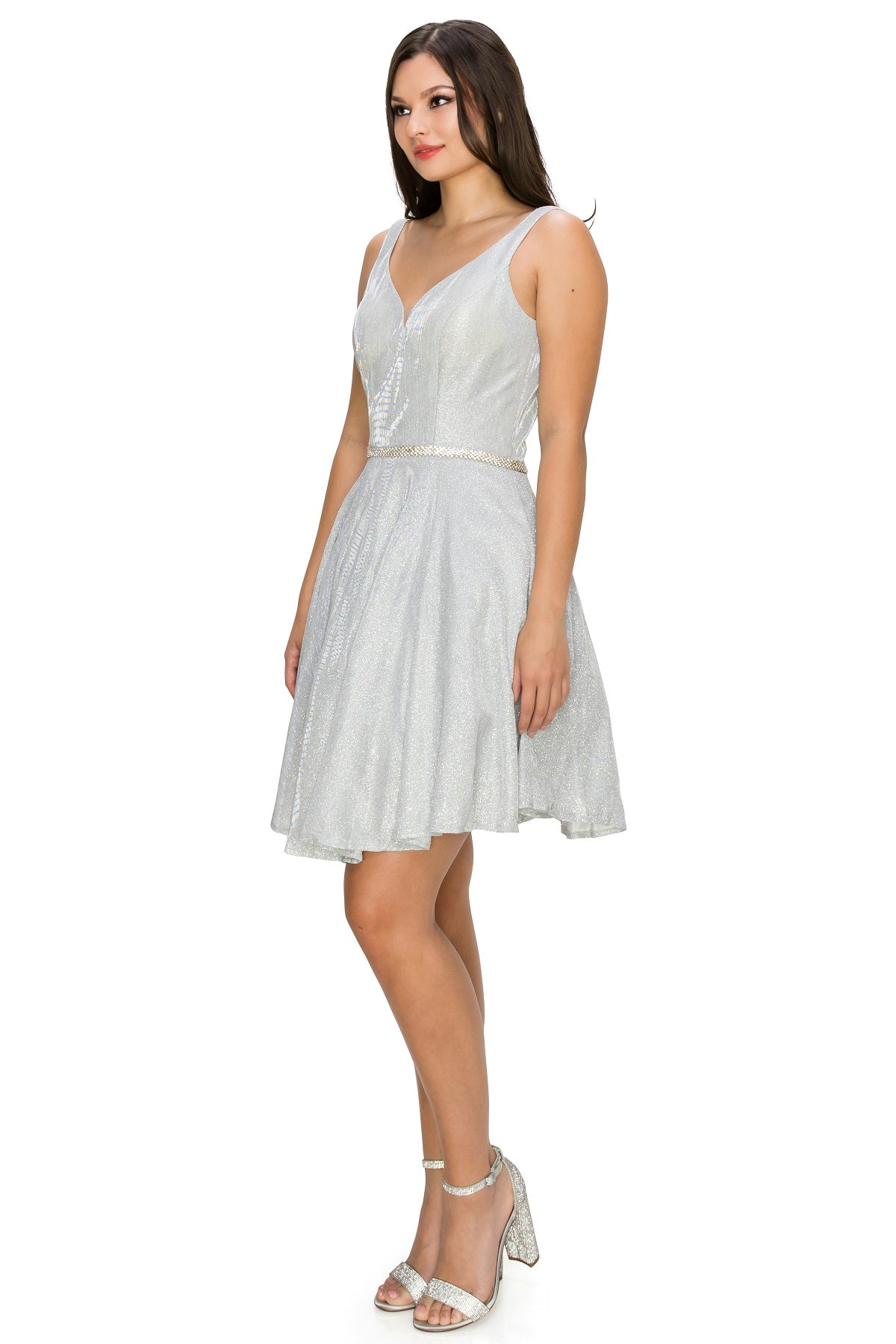 Glitter A-Line Cocktail Dress with V-Neck and Belt - 8013J
