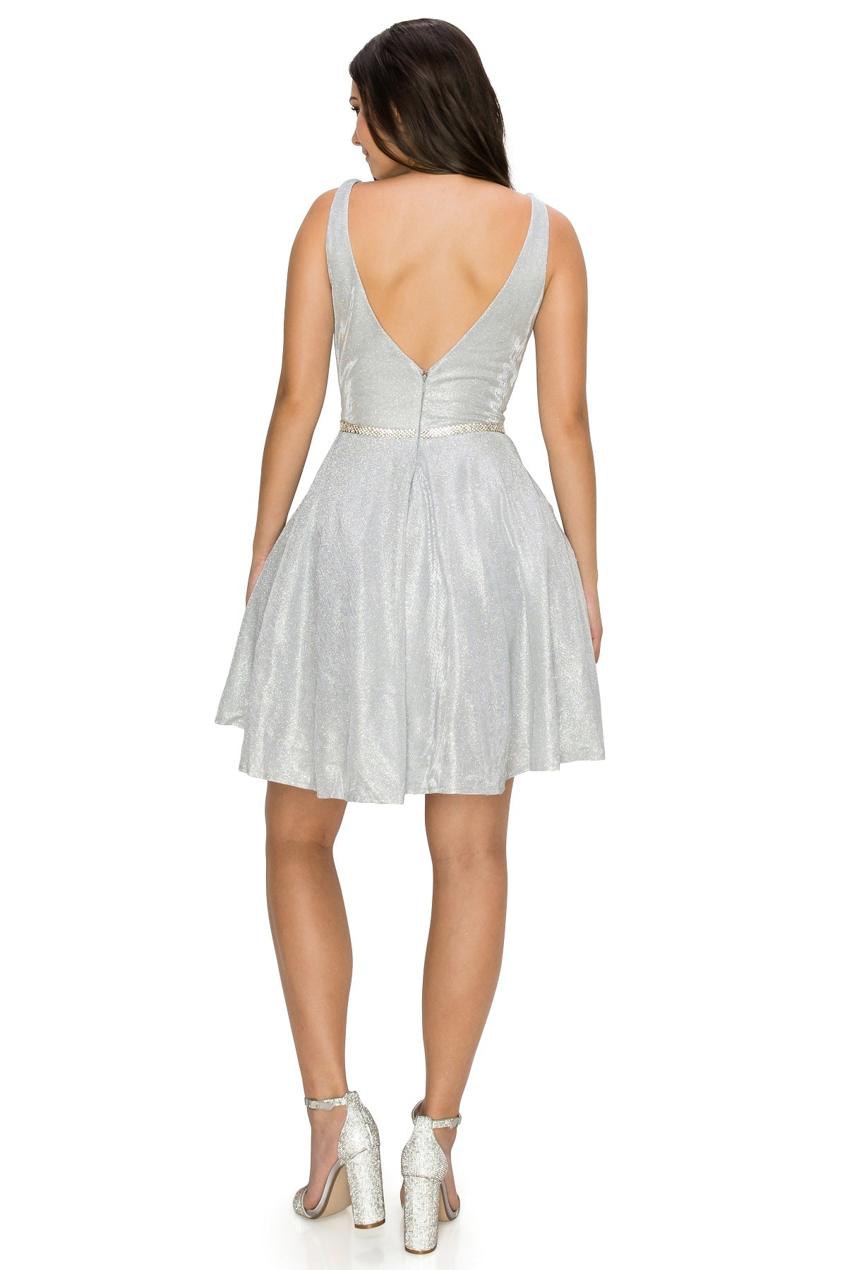 Glitter A-Line Cocktail Dress with V-Neck and Belt - 8013J