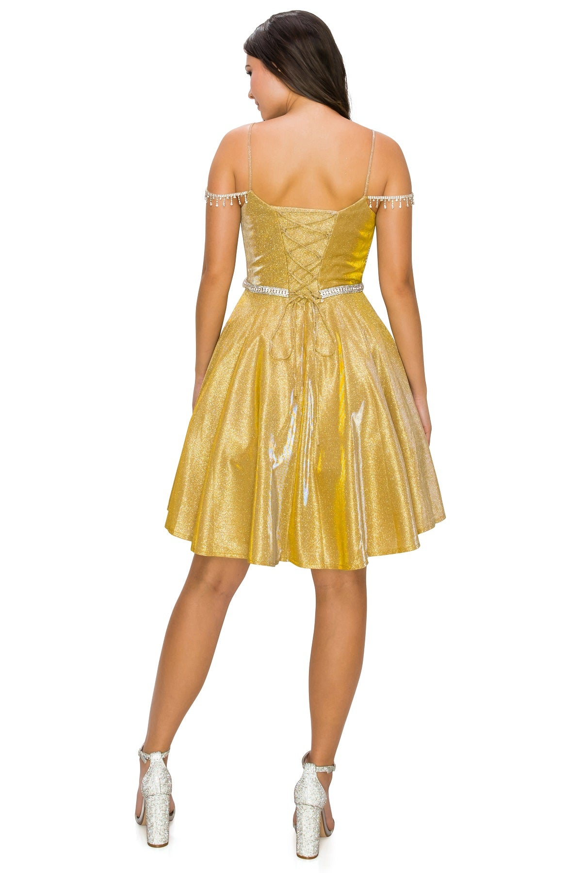 Bejeweled Strap Metallic Cocktail Dress - 8014J