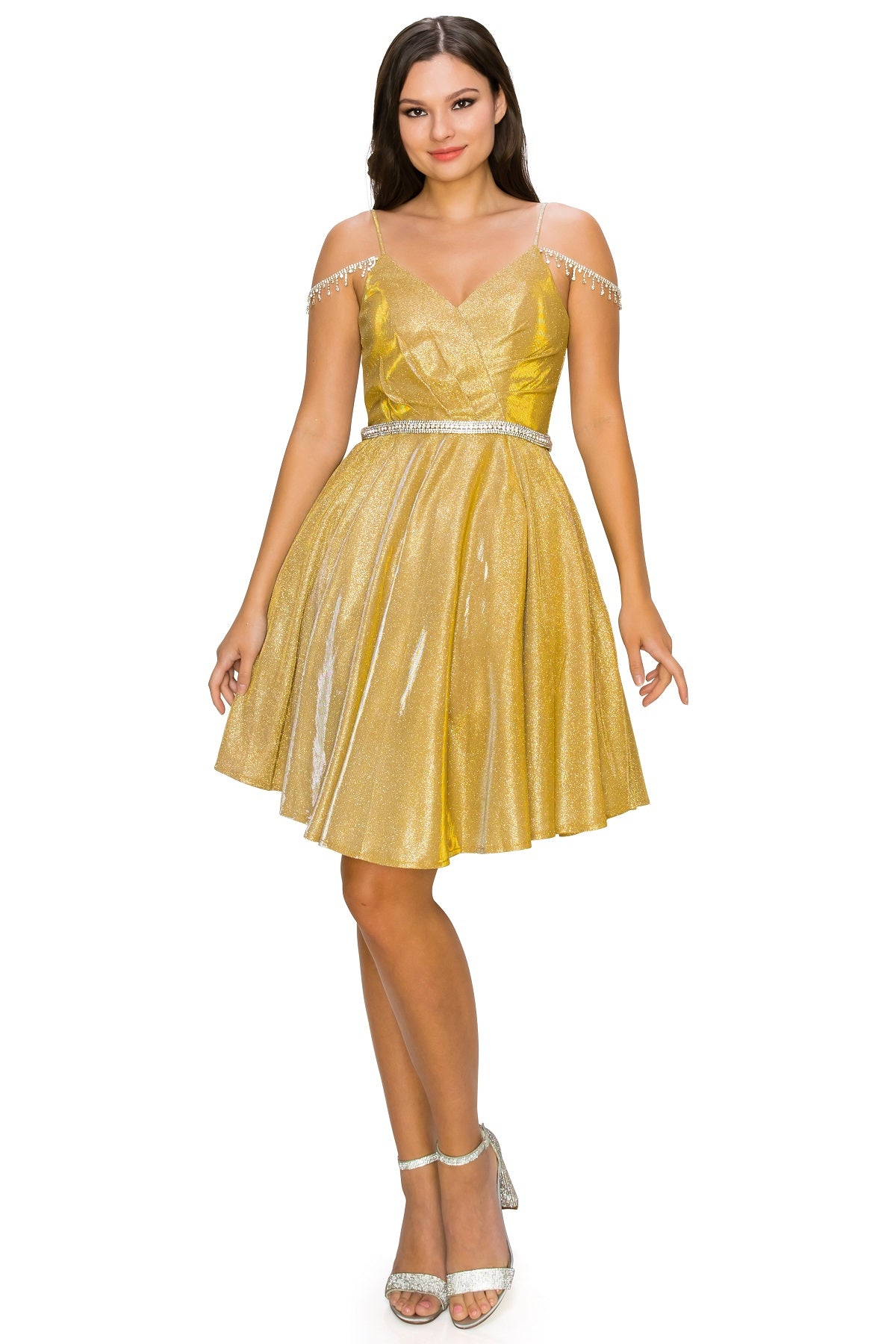 Bejeweled Strap Metallic Cocktail Dress - 8014J