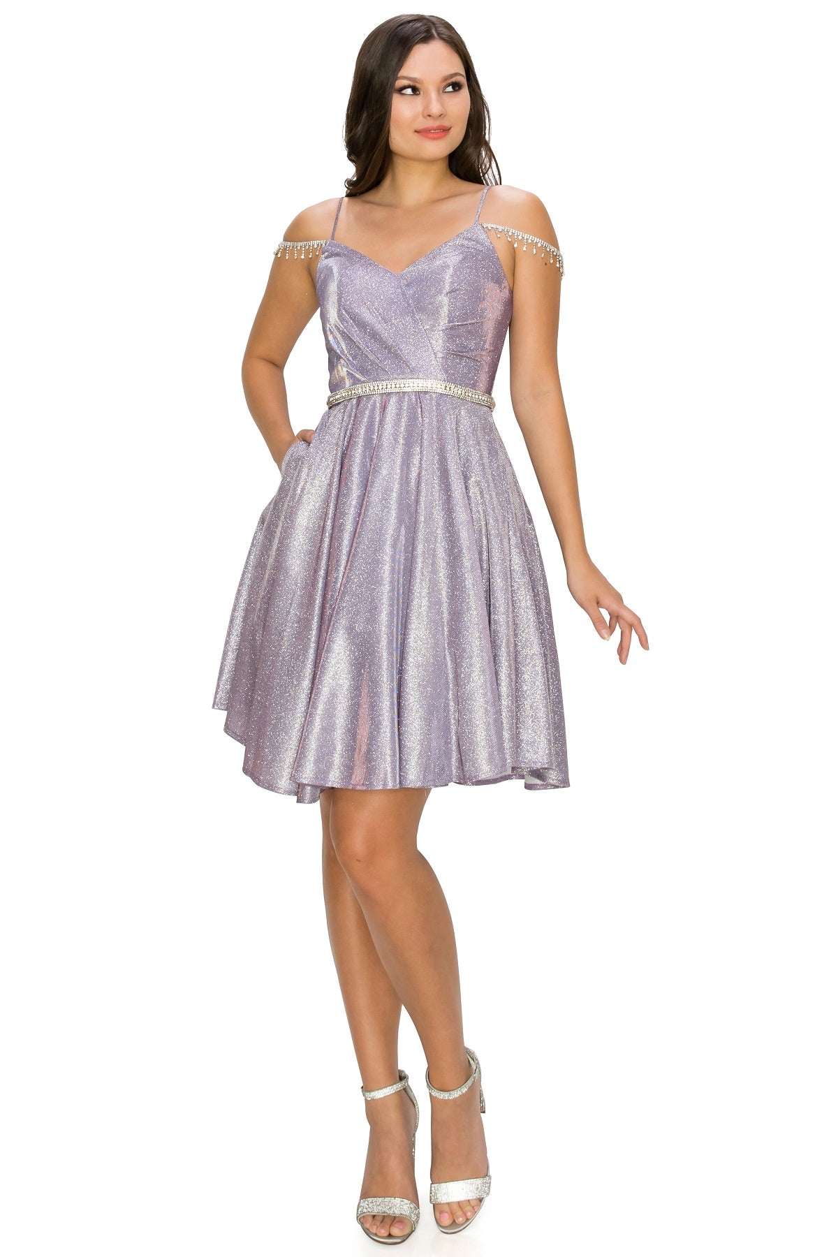 Bejeweled Strap Metallic Cocktail Dress - 8014J