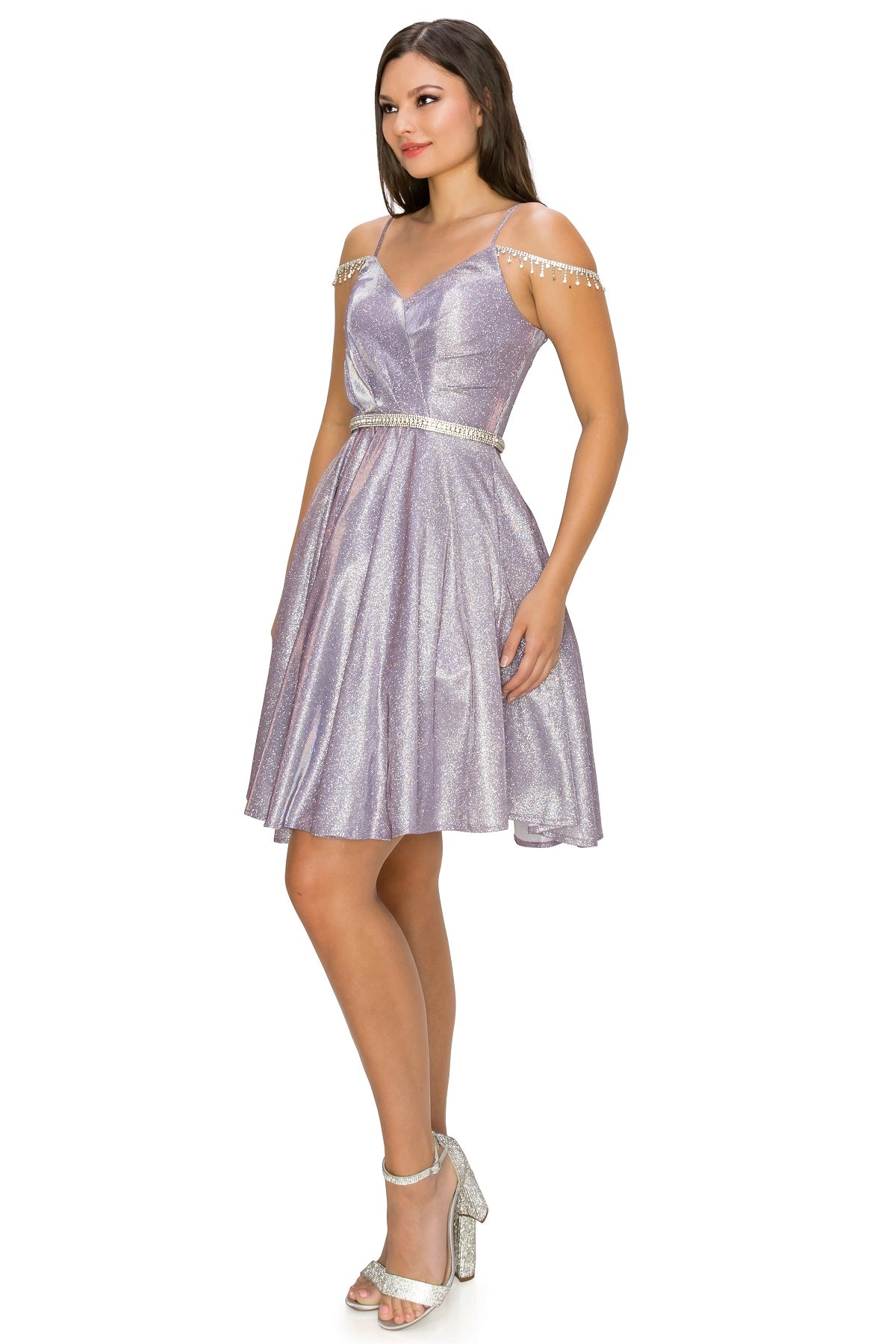 Bejeweled Strap Metallic Cocktail Dress - 8014J