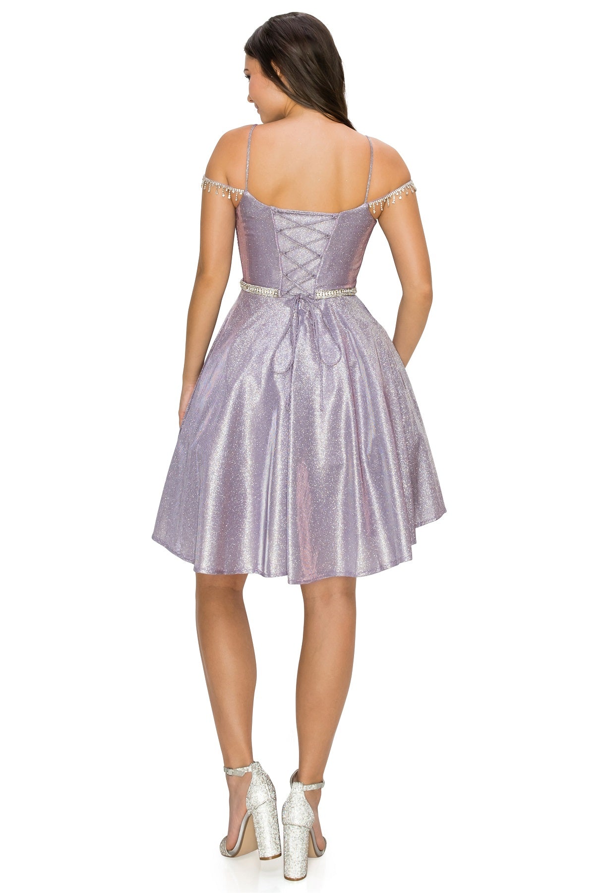 Bejeweled Strap Metallic Cocktail Dress - 8014J