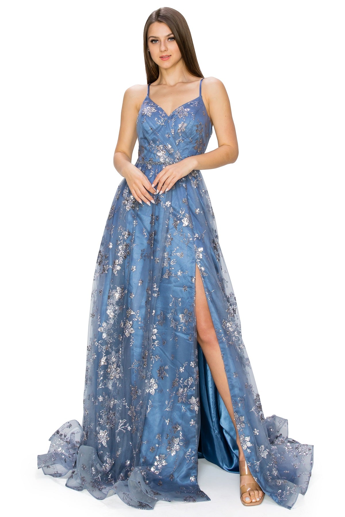 Gold Glitter A-Line Dress with Slit and Lace-Up Back - 8022J