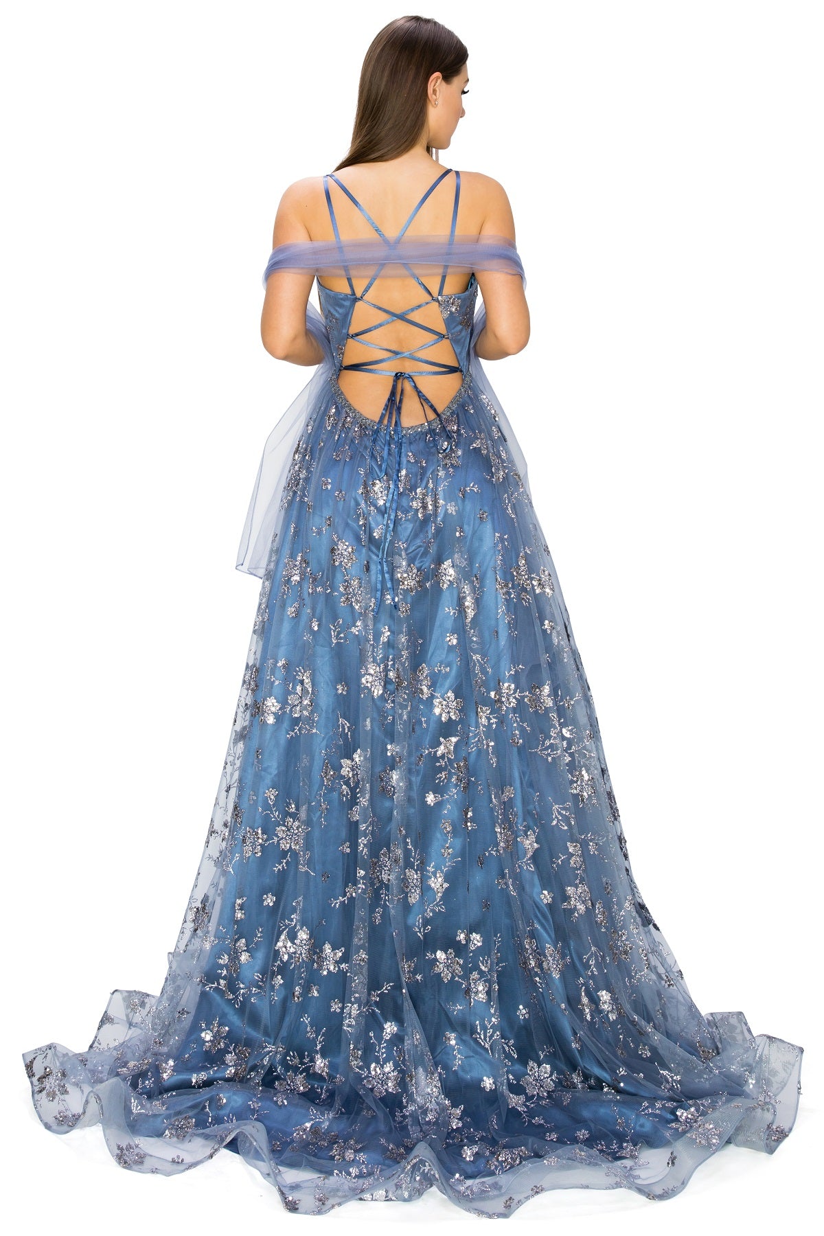 Gold Glitter A-Line Dress with Slit and Lace-Up Back - 8022J