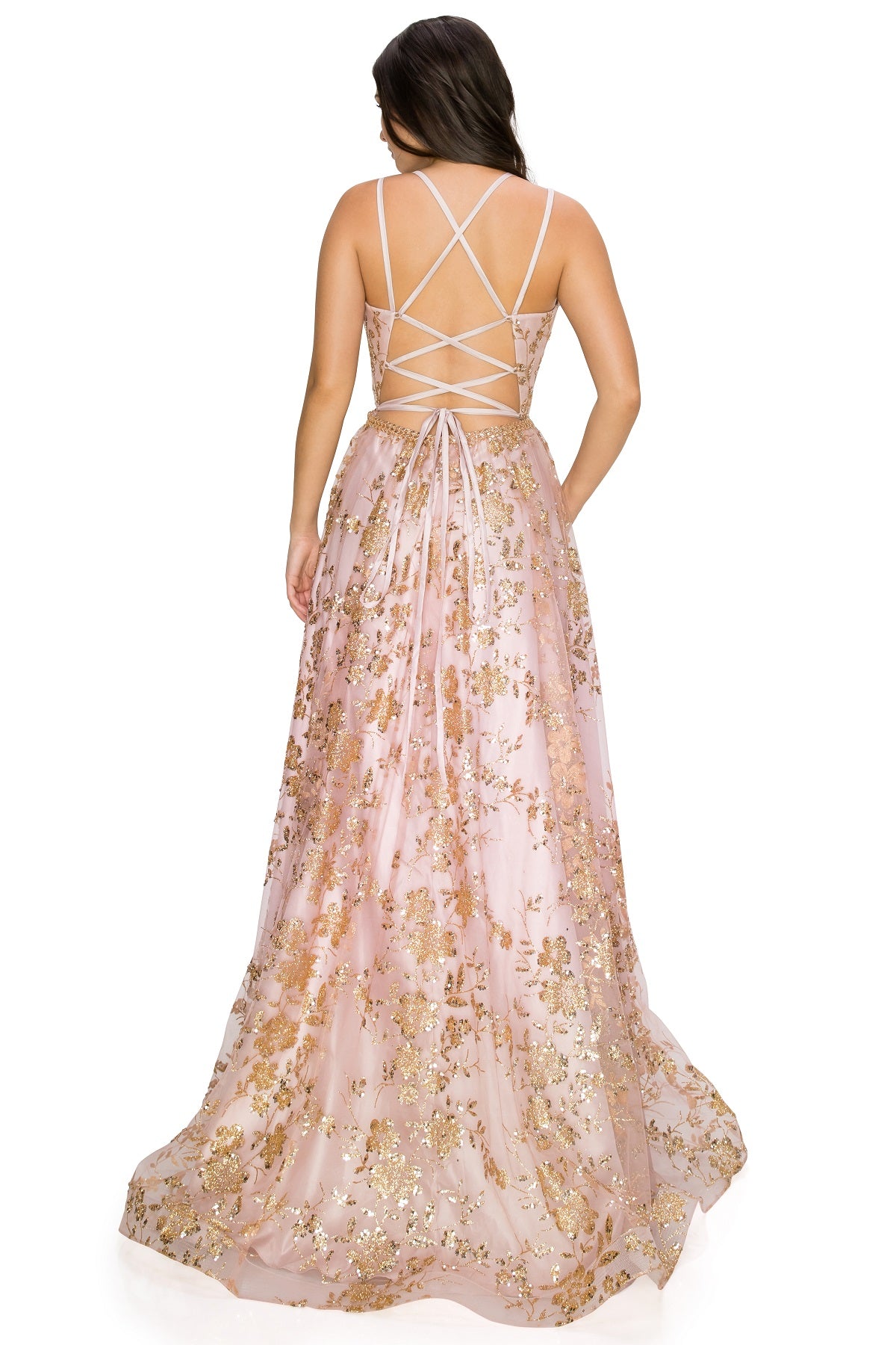 Gold Glitter A-Line Dress with Slit and Lace-Up Back - 8022J