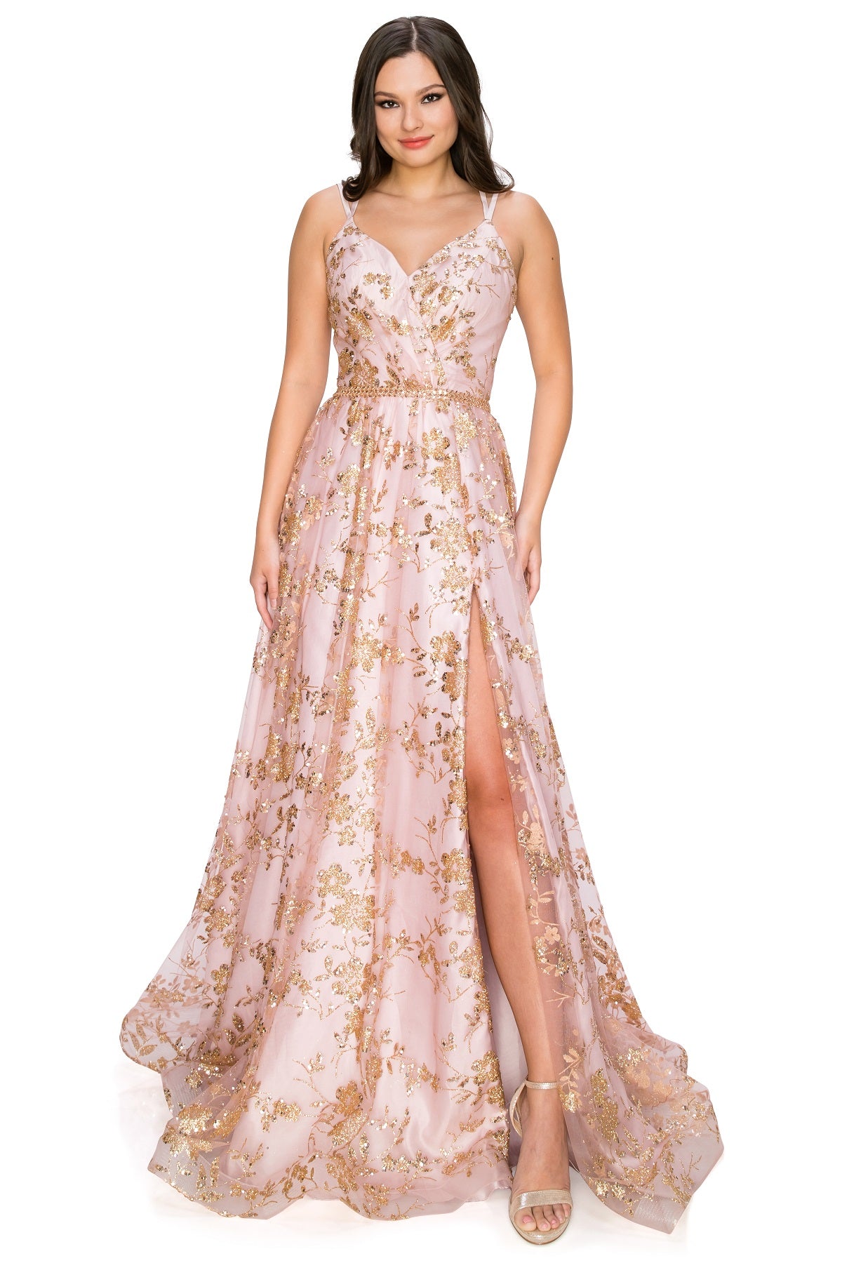 Gold Glitter A-Line Dress with Slit and Lace-Up Back - 8022J