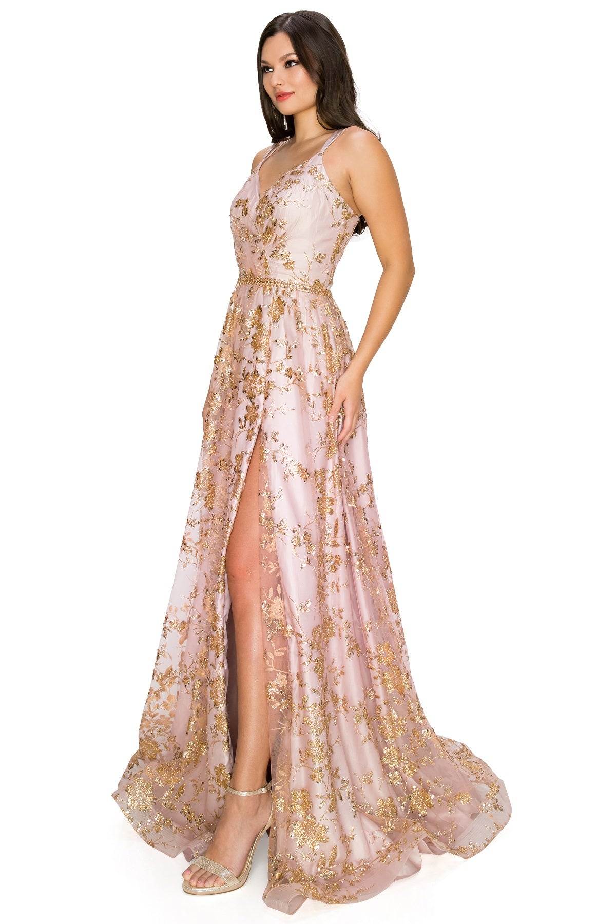 Gold Glitter A-Line Dress with Slit and Lace-Up Back - 8022J