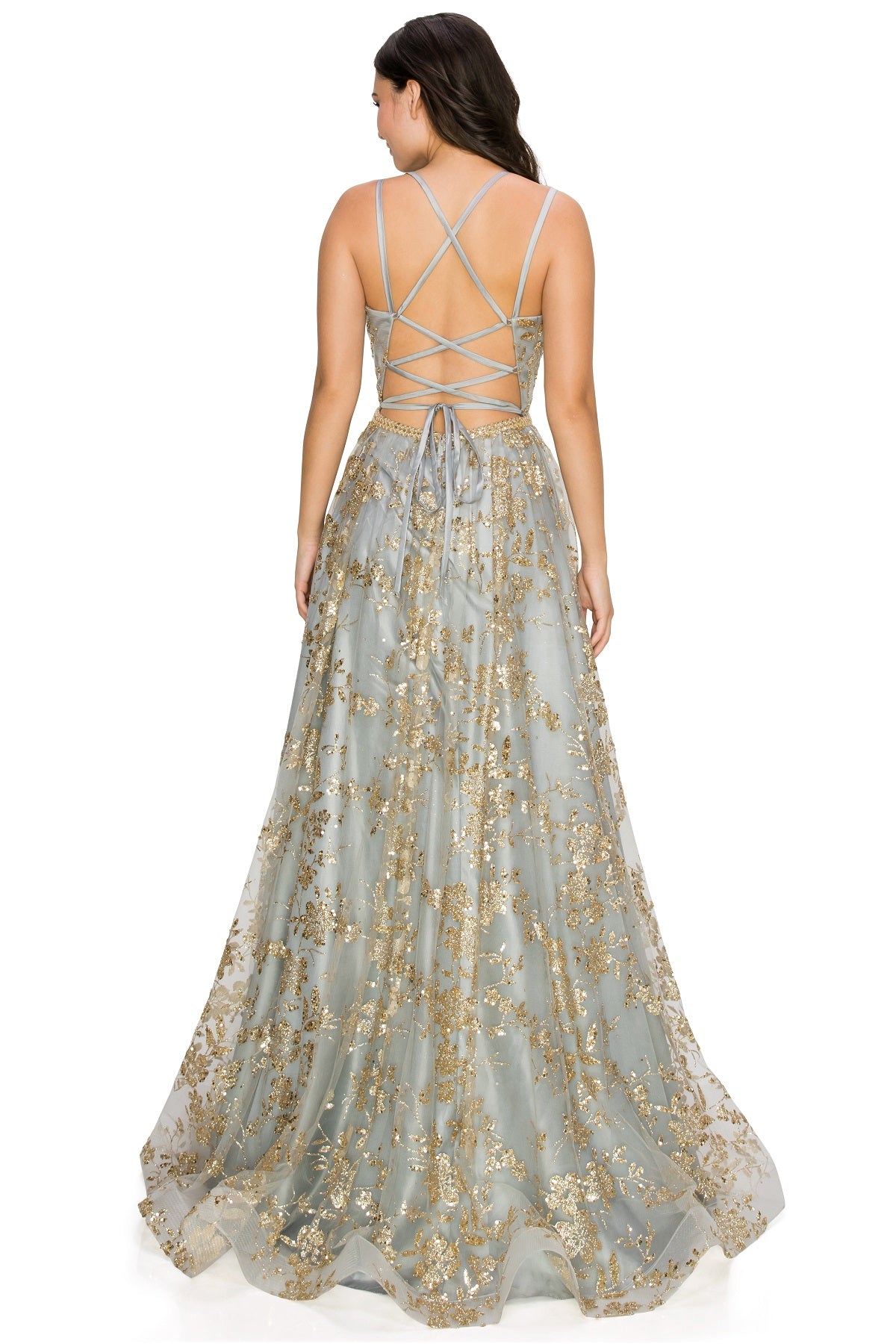 Gold Glitter A-Line Dress with Slit and Lace-Up Back - 8022J