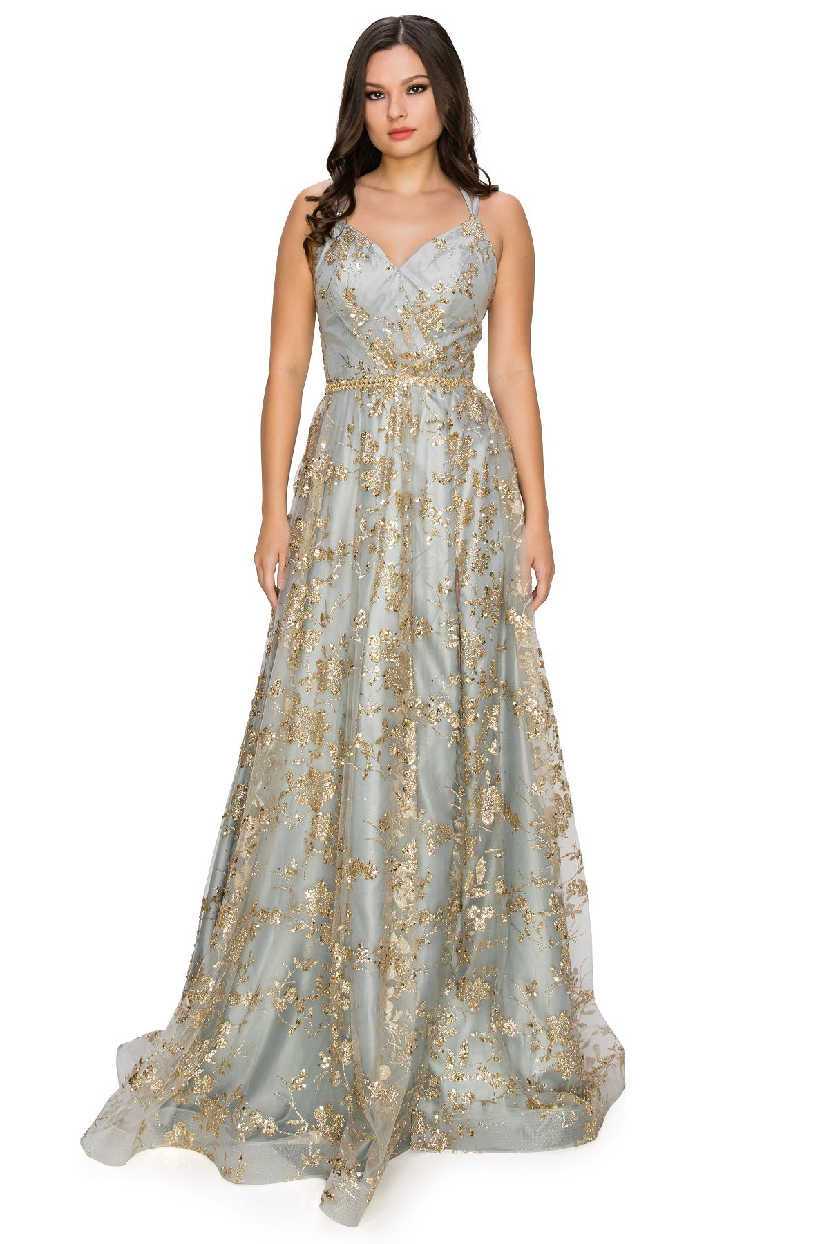 Gold Glitter A-Line Dress with Slit and Lace-Up Back - 8022J