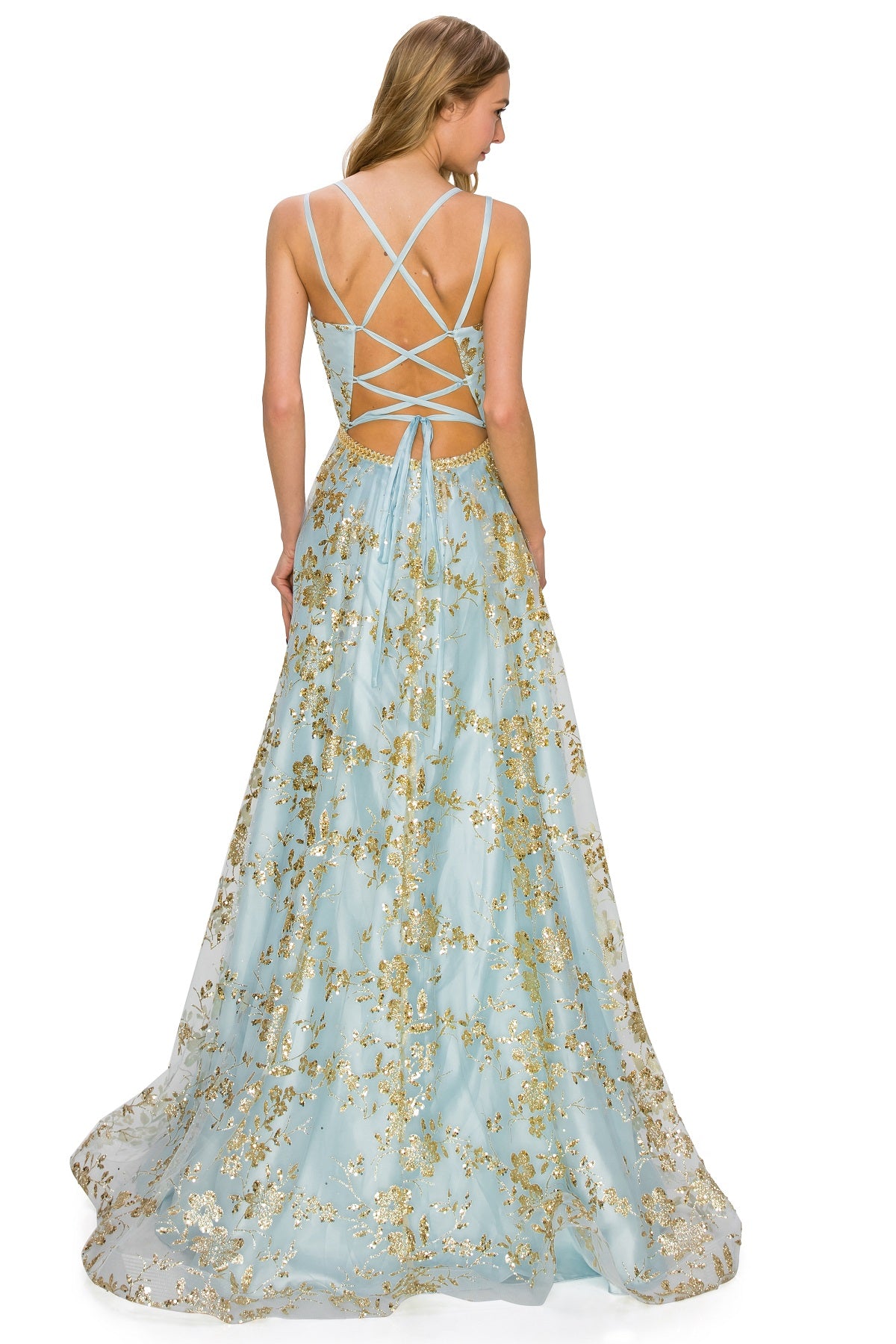 Gold Glitter A-Line Dress with Slit and Lace-Up Back - 8022J
