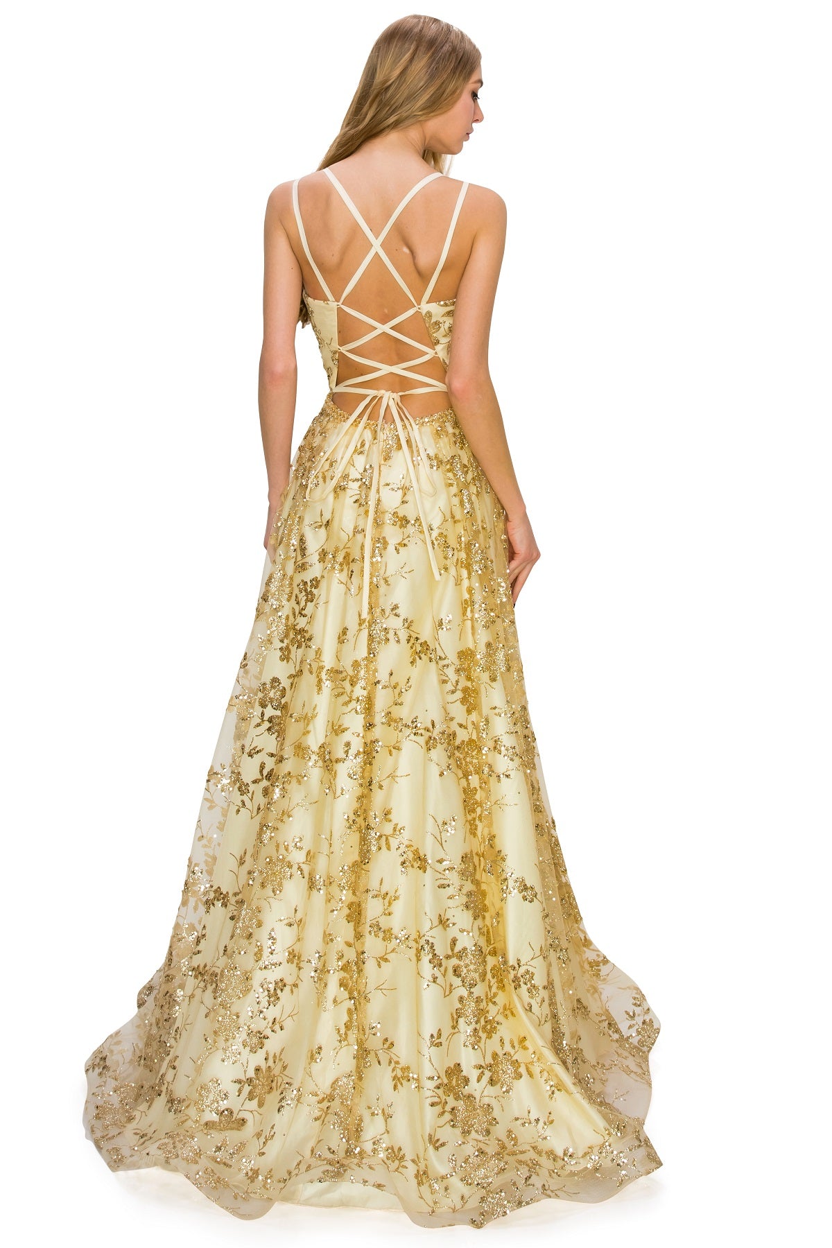 Gold Glitter A-Line Dress with Slit and Lace-Up Back - 8022J