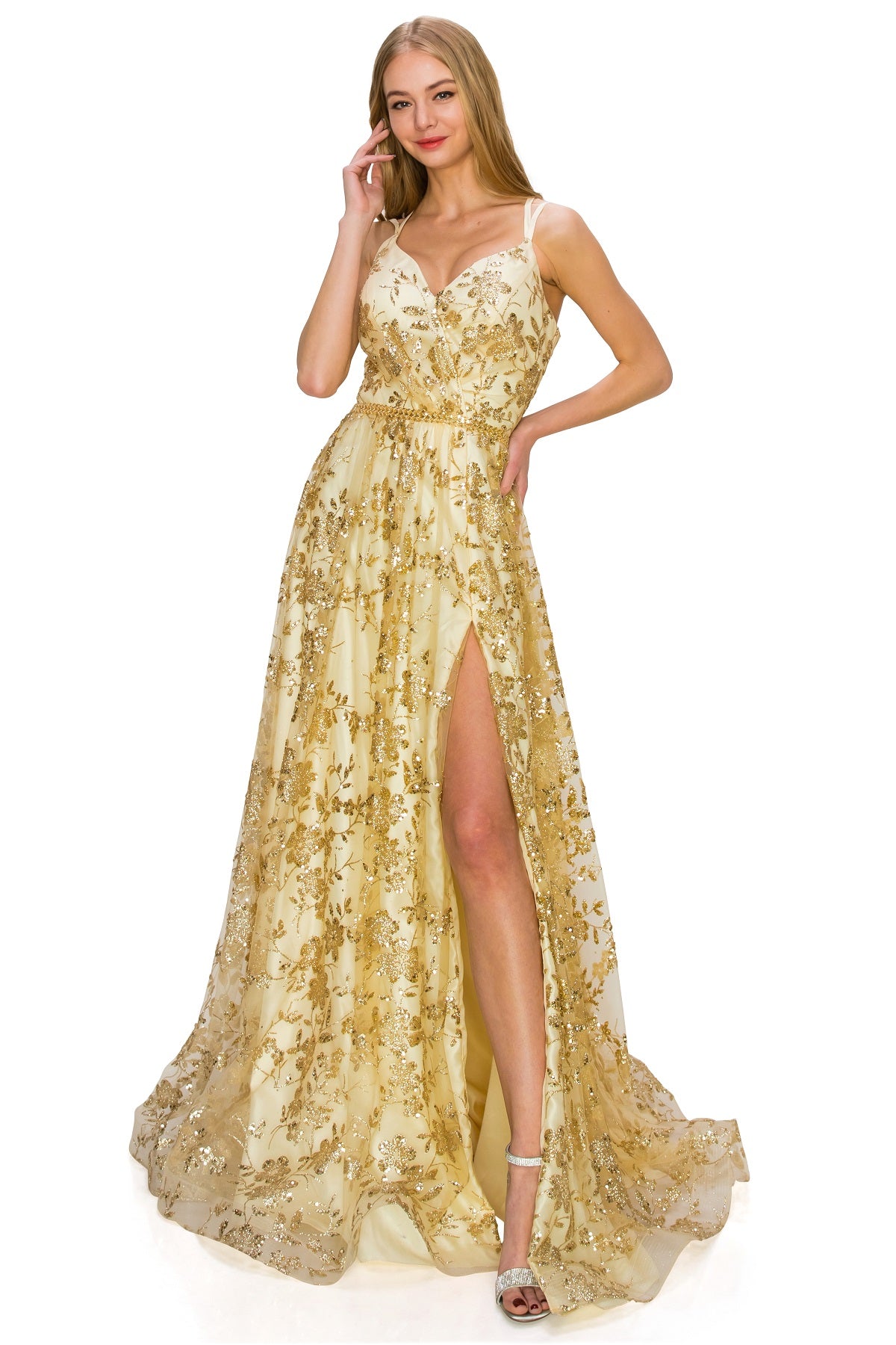 Gold Glitter A-Line Dress with Slit and Lace-Up Back - 8022J