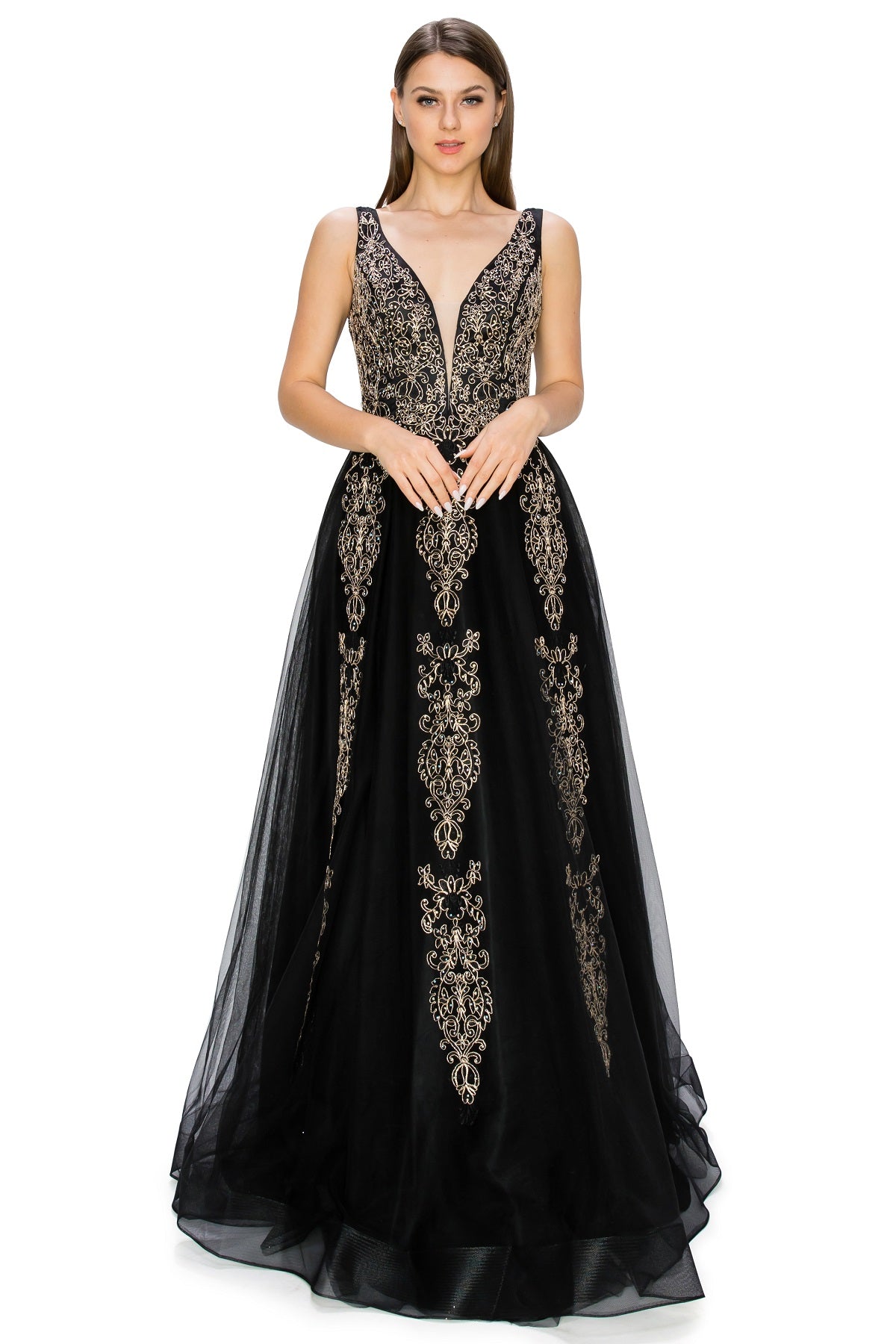 Elegant Gold Embroidered Tulle A-Line Gown - 8029J