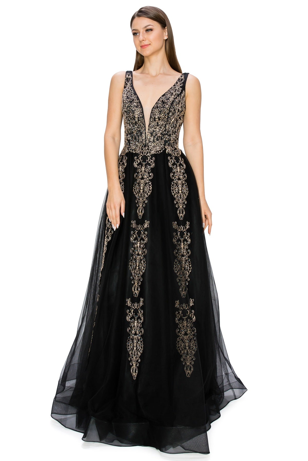 Elegant Gold Embroidered Tulle A-Line Gown - 8029J