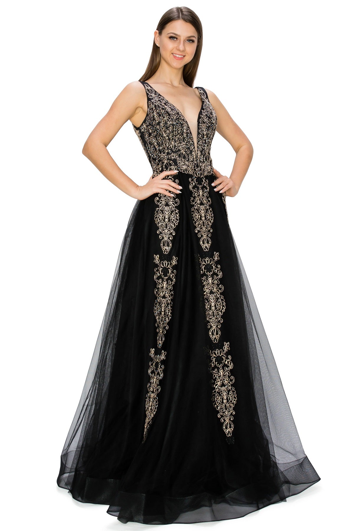 Elegant Gold Embroidered Tulle A-Line Gown - 8029J