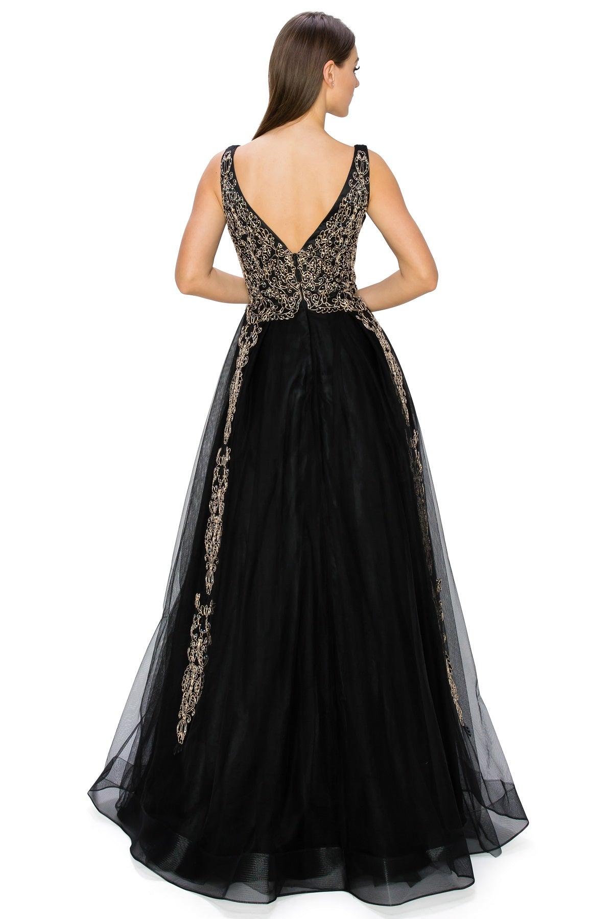 Elegant Gold Embroidered Tulle A-Line Gown - 8029J