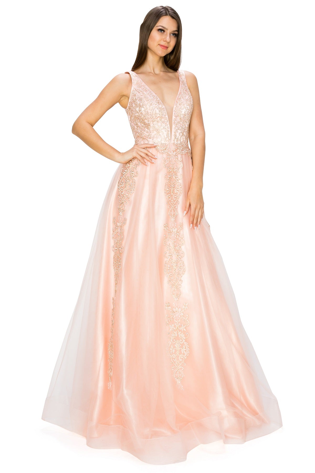 Elegant Gold Embroidered Tulle A-Line Gown - 8029J