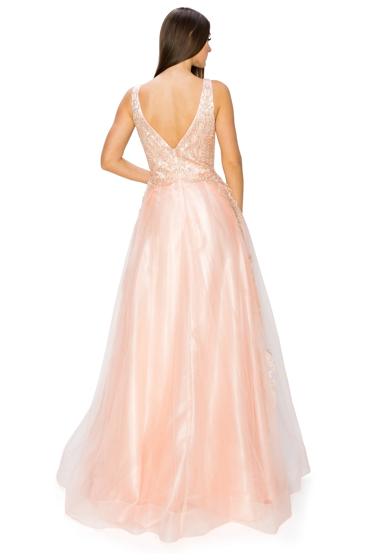Elegant Gold Embroidered Tulle A-Line Gown - 8029J