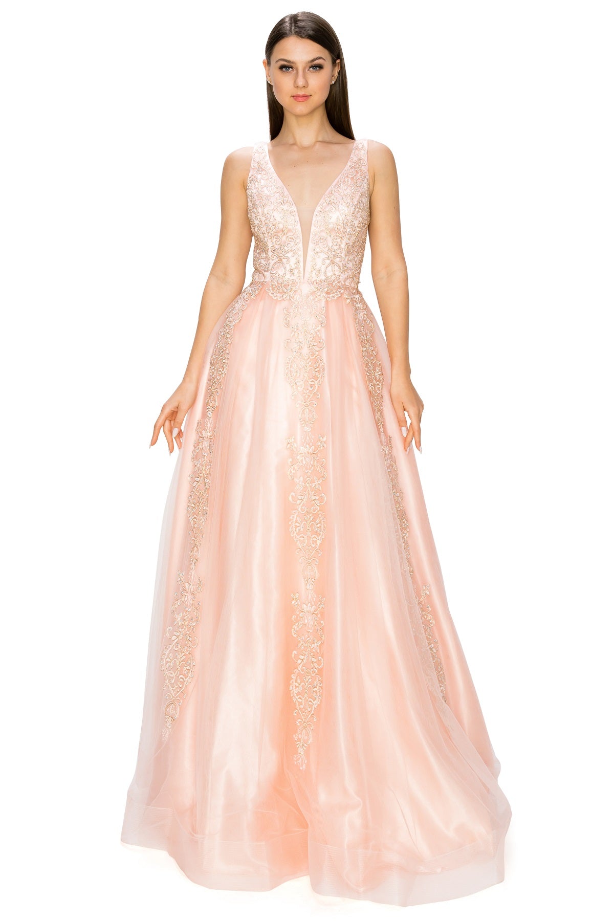 Elegant Gold Embroidered Tulle A-Line Gown - 8029J