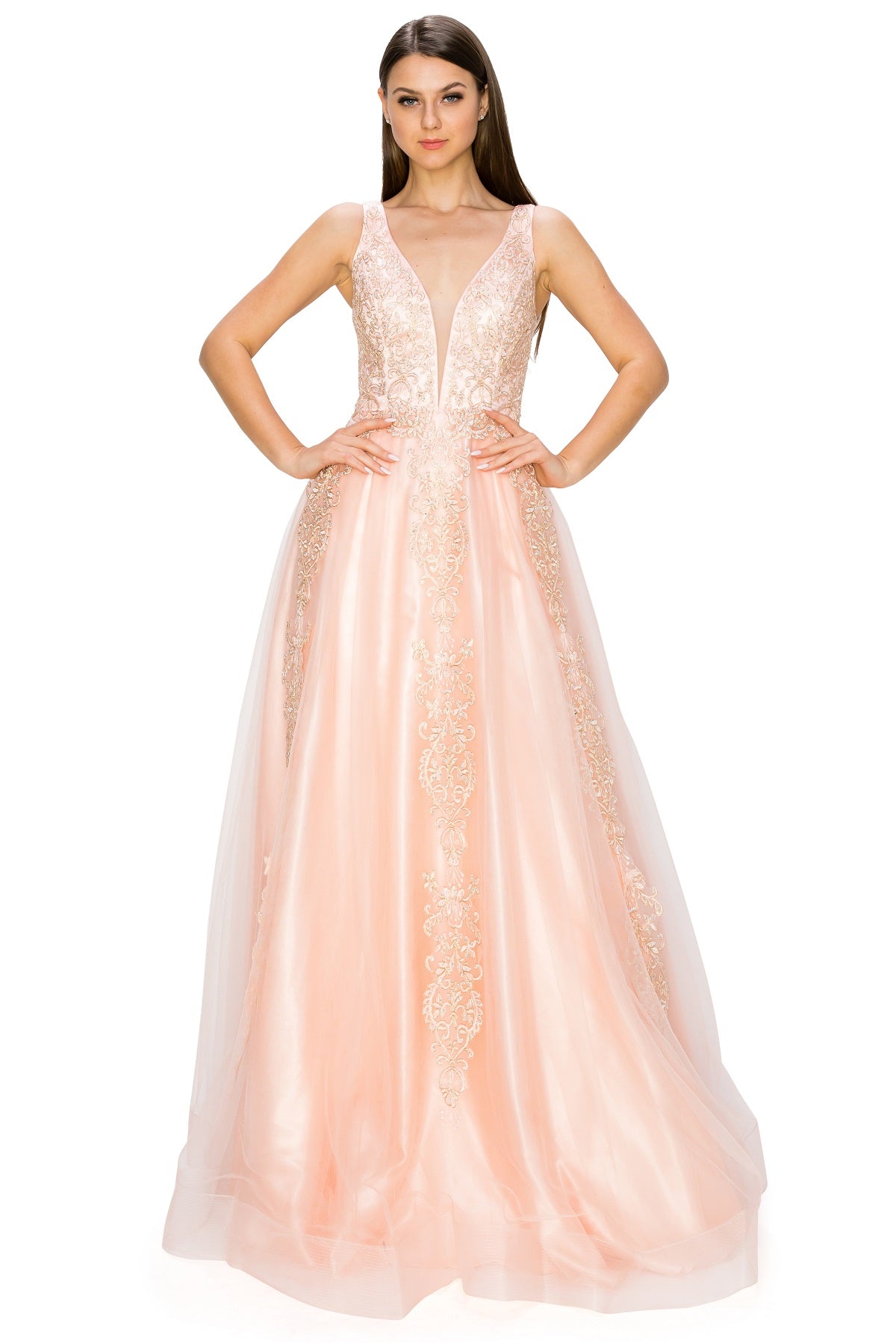 Elegant Gold Embroidered Tulle A-Line Gown - 8029J