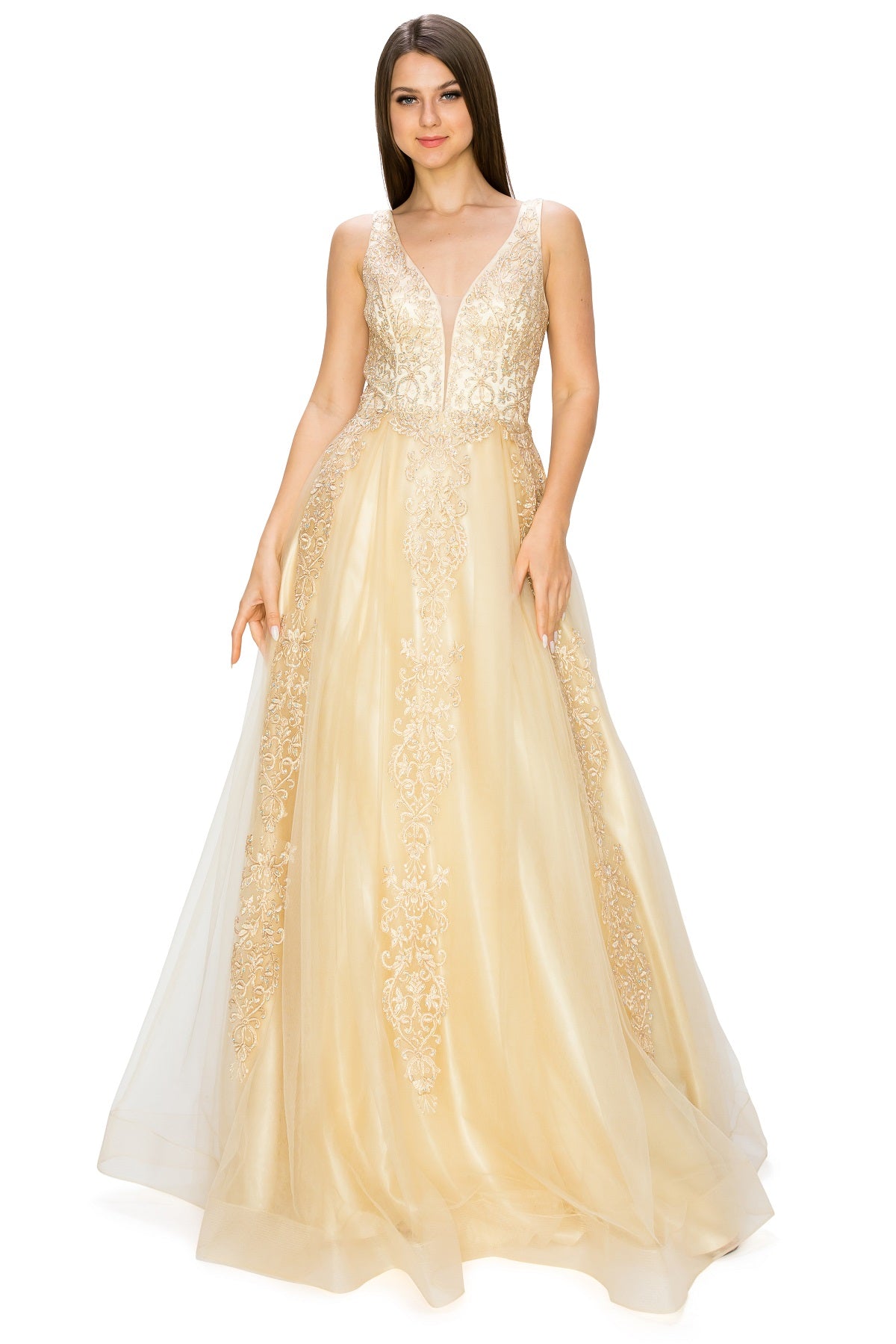 Elegant Gold Embroidered Tulle A-Line Gown - 8029J