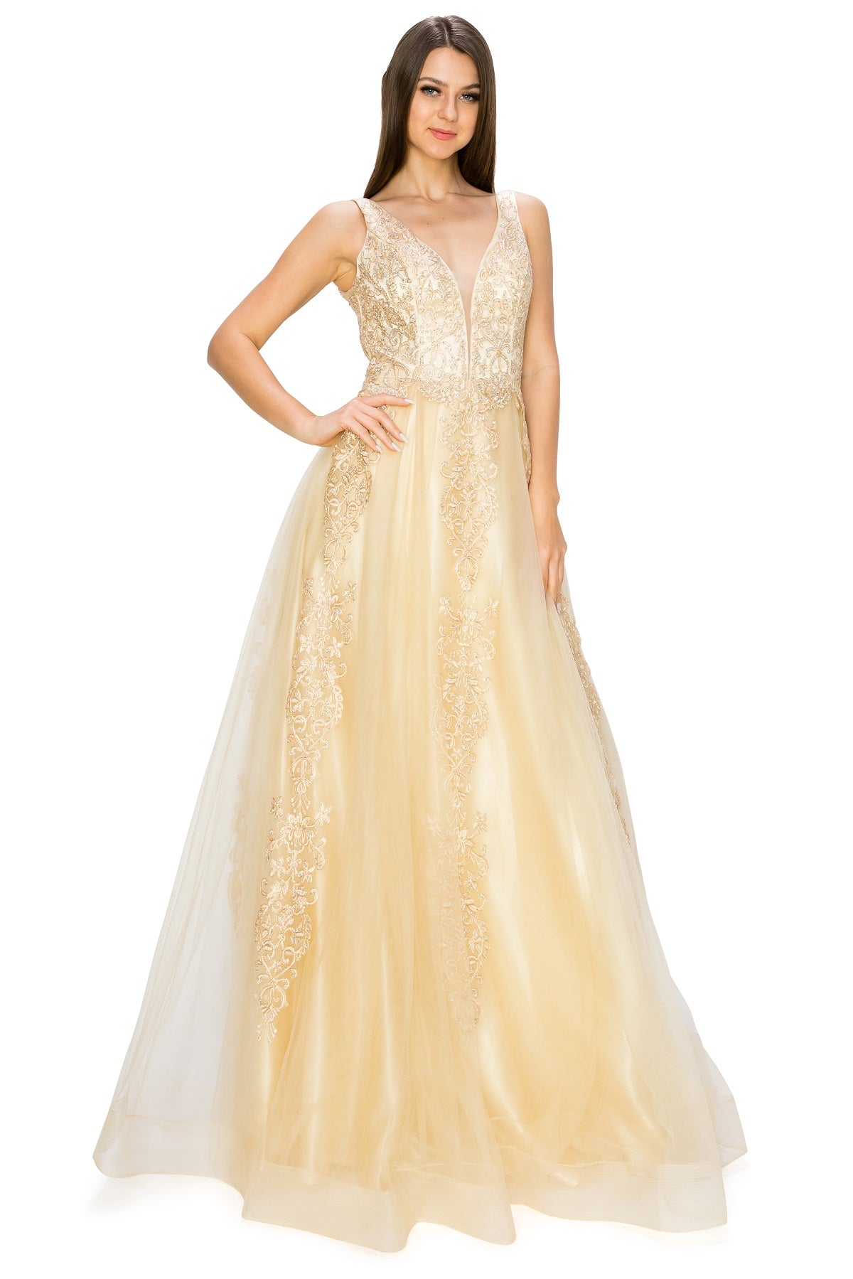 Elegant Gold Embroidered Tulle A-Line Gown - 8029J