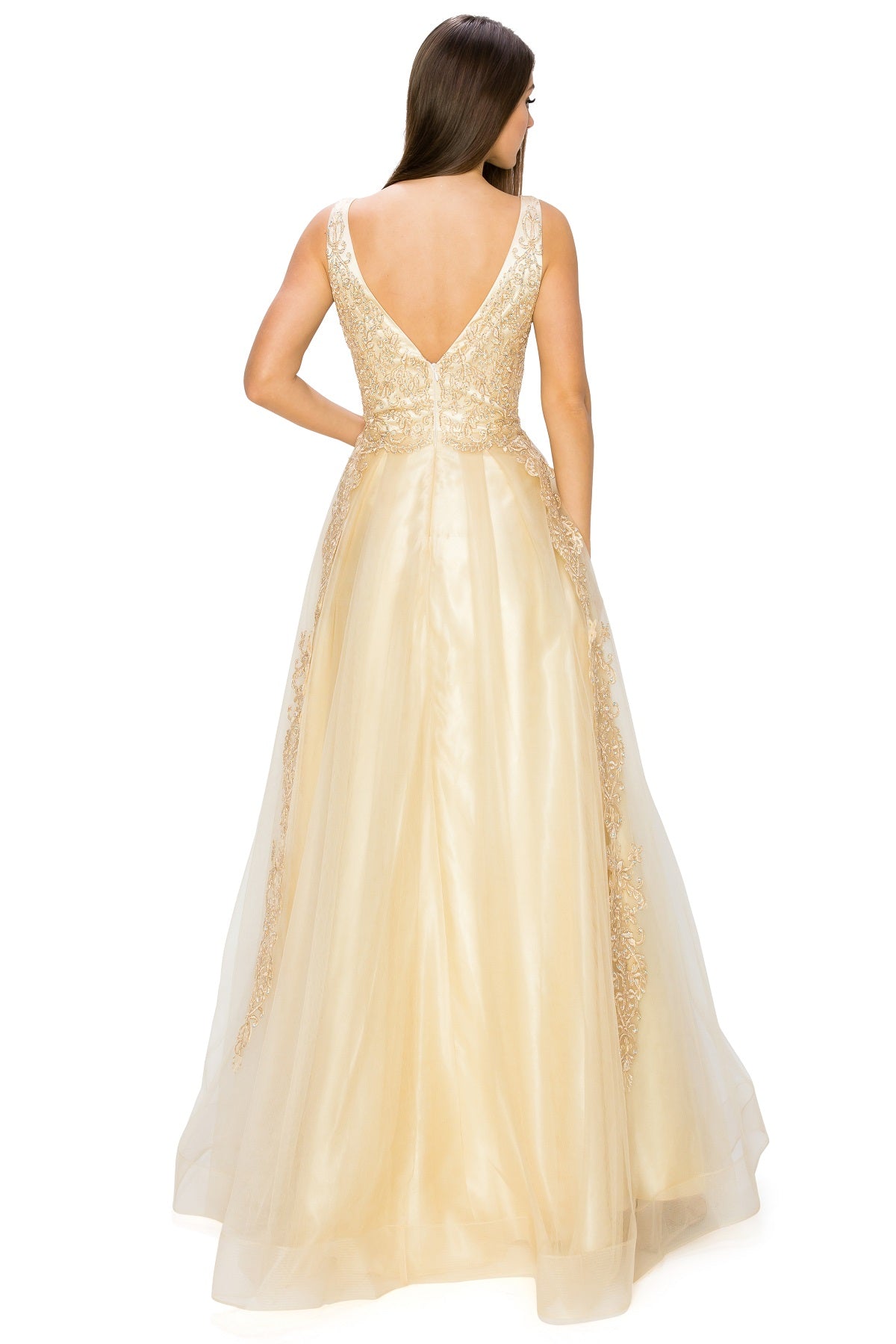 Elegant Gold Embroidered Tulle A-Line Gown - 8029J
