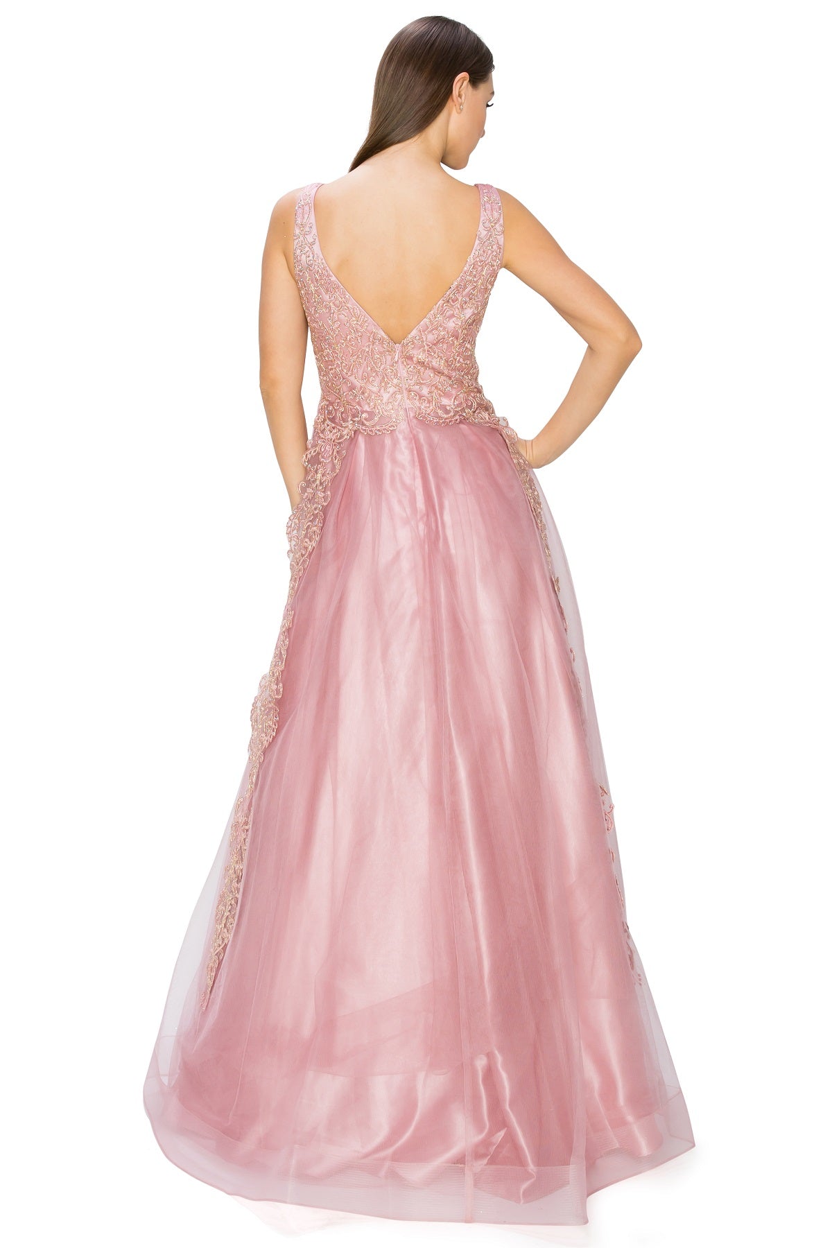 Elegant Gold Embroidered Tulle A-Line Gown - 8029J