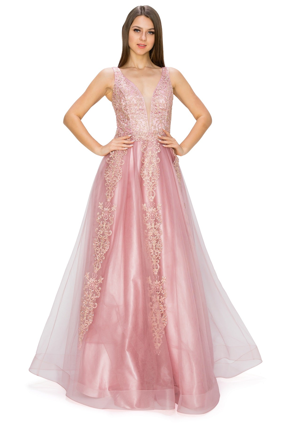 Elegant Gold Embroidered Tulle A-Line Gown - 8029J