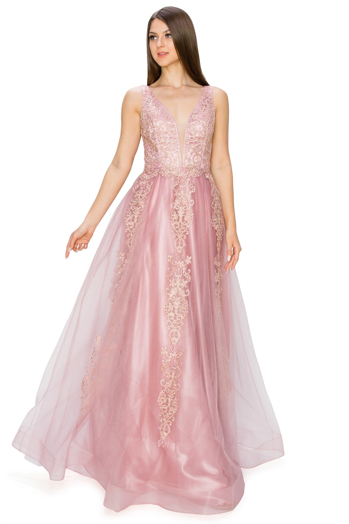 Elegant Gold Embroidered Tulle A-Line Gown - 8029J