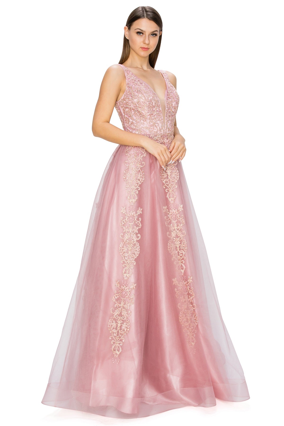 Elegant Gold Embroidered Tulle A-Line Gown - 8029J