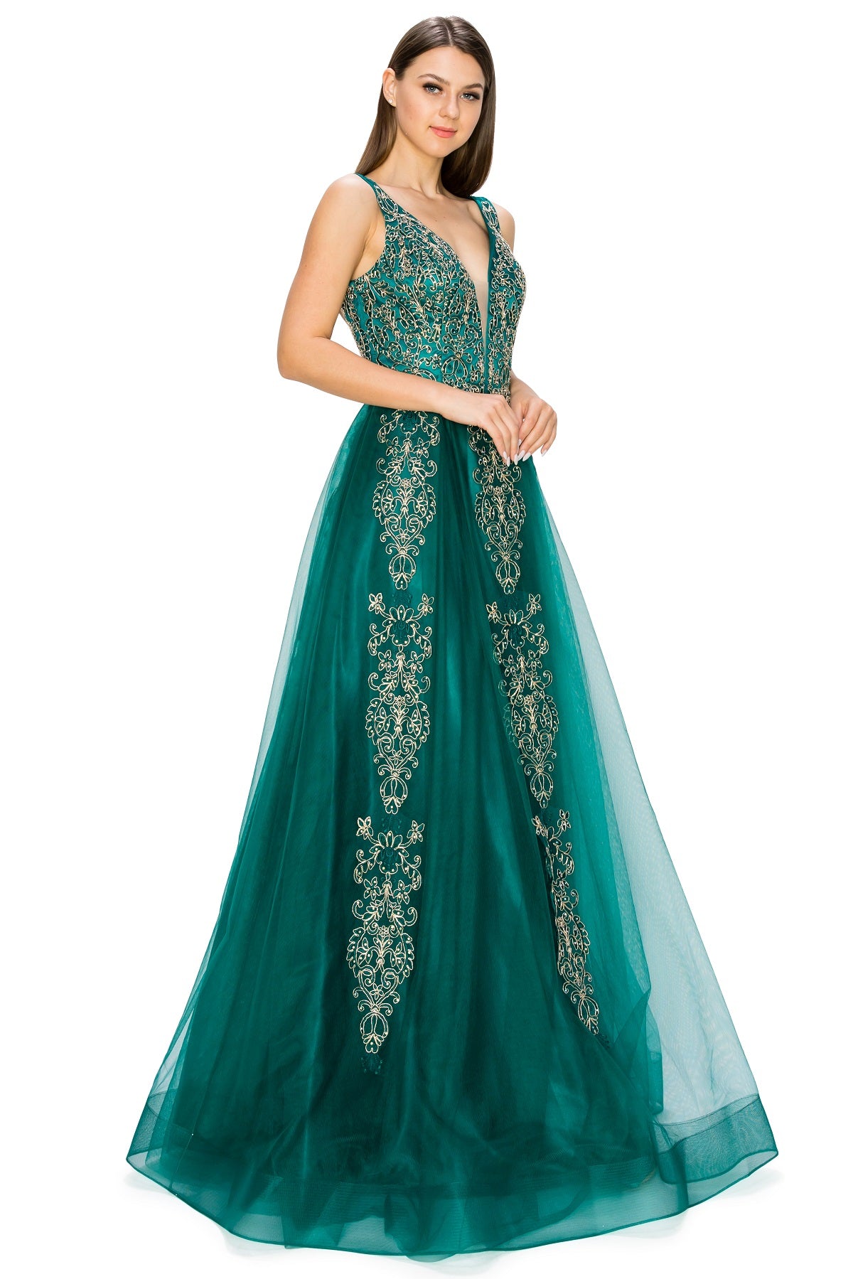 Elegant Gold Embroidered Tulle A-Line Gown - 8029J
