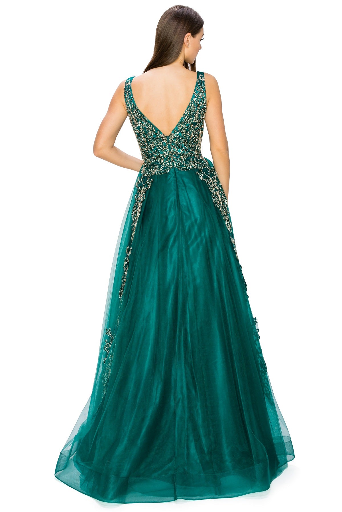 Elegant Gold Embroidered Tulle A-Line Gown - 8029J