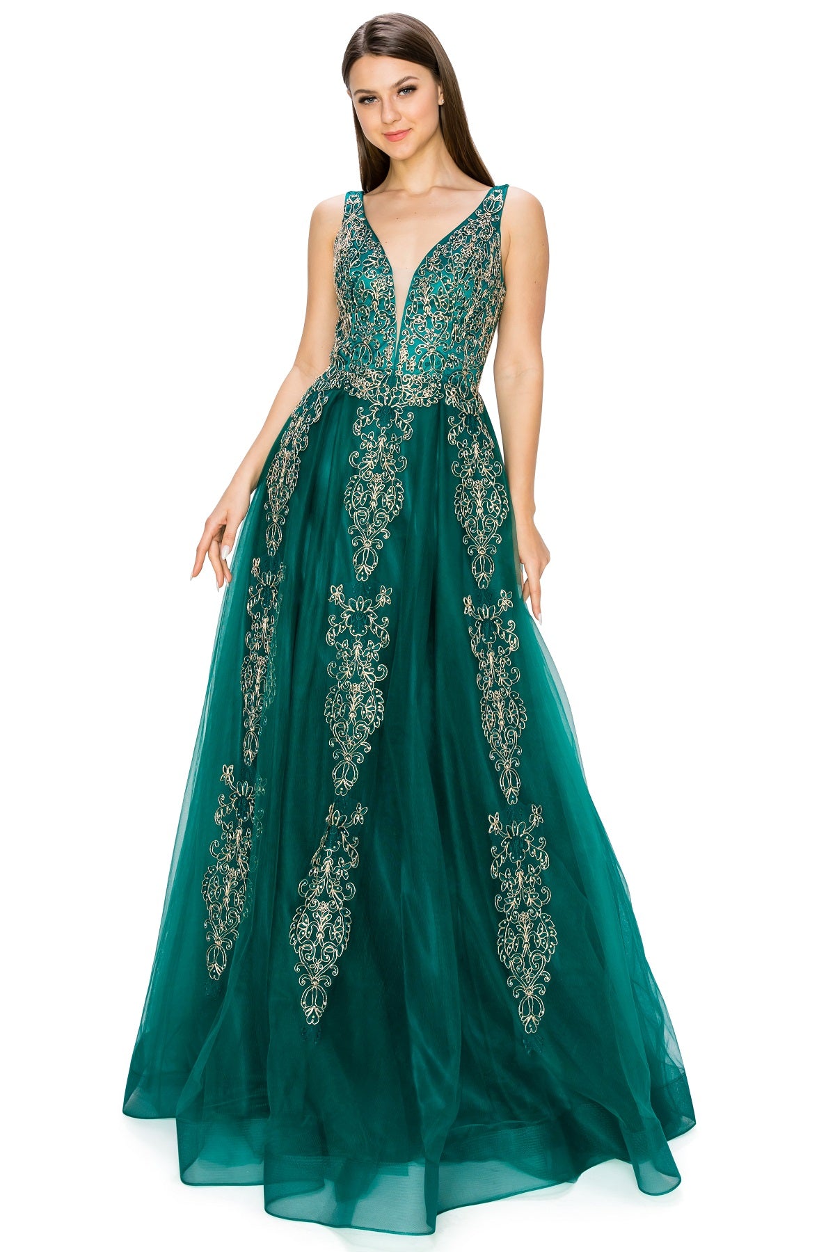 Elegant Gold Embroidered Tulle A-Line Gown - 8029J