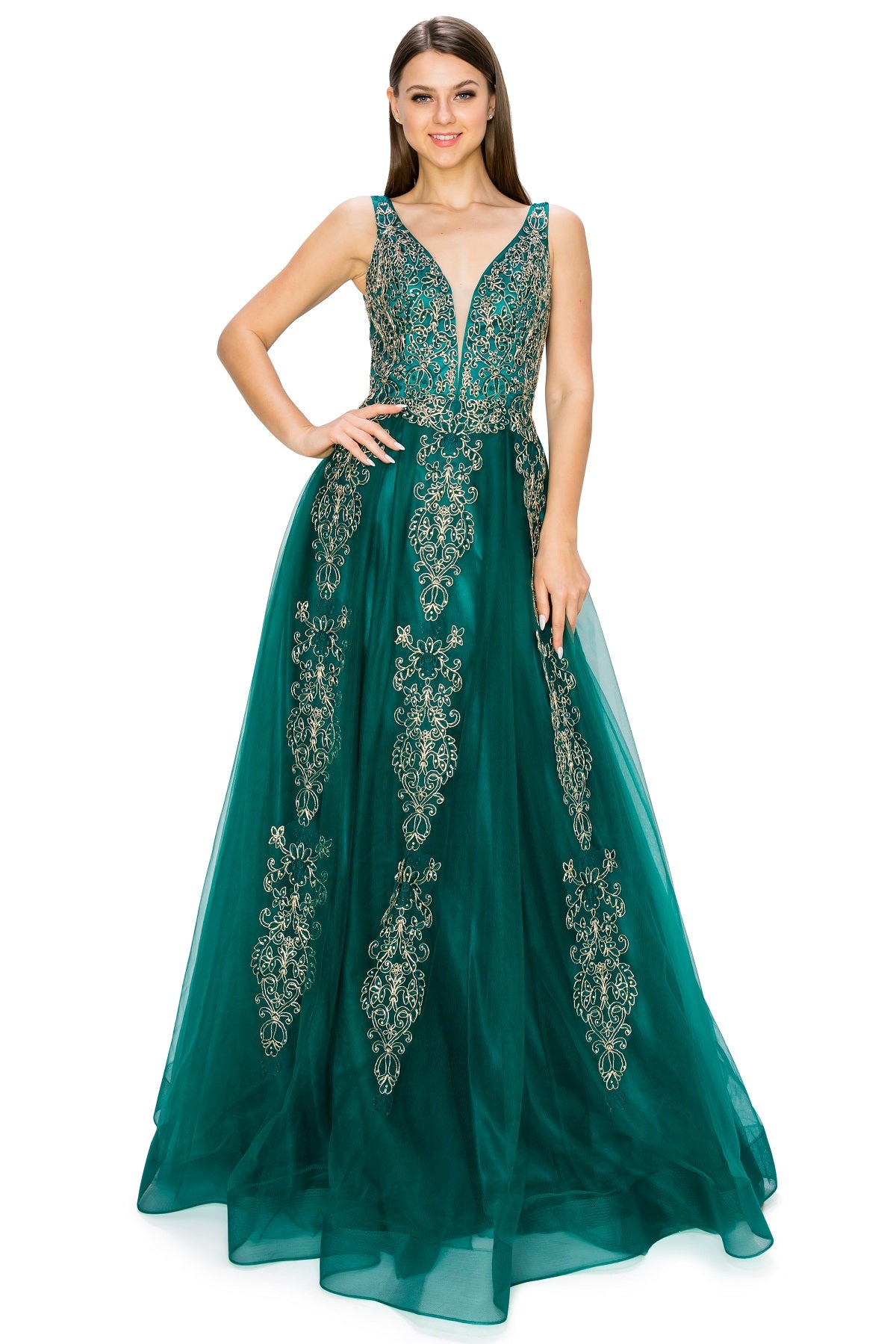 Elegant Gold Embroidered Tulle A-Line Gown - 8029J