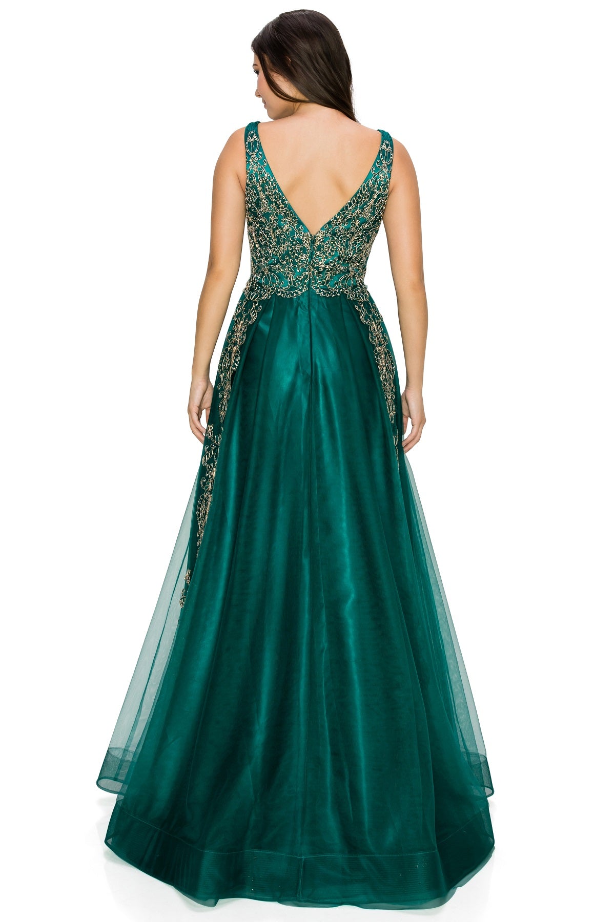 Elegant Gold Embroidered Tulle A-Line Gown - 8029J